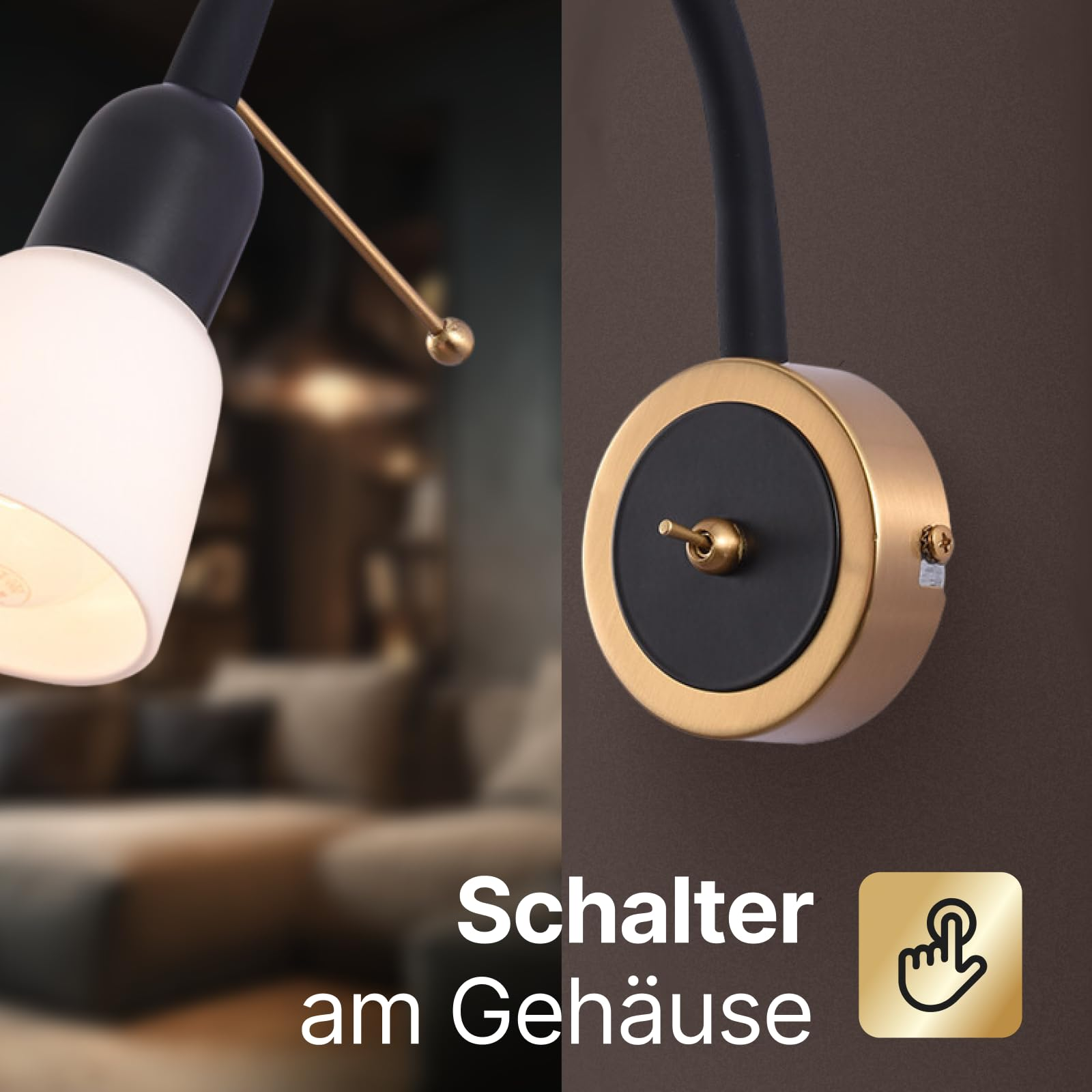 Lampe mit schwarzem Schwanenhals und goldenem Schalter am Gehäuse.