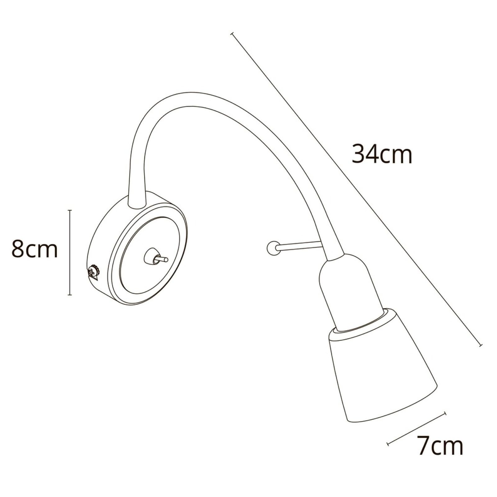 Eine Wandleuchte mit flexiblen Arm, 34cm lang, 8cm hoch, 7cm breit.
