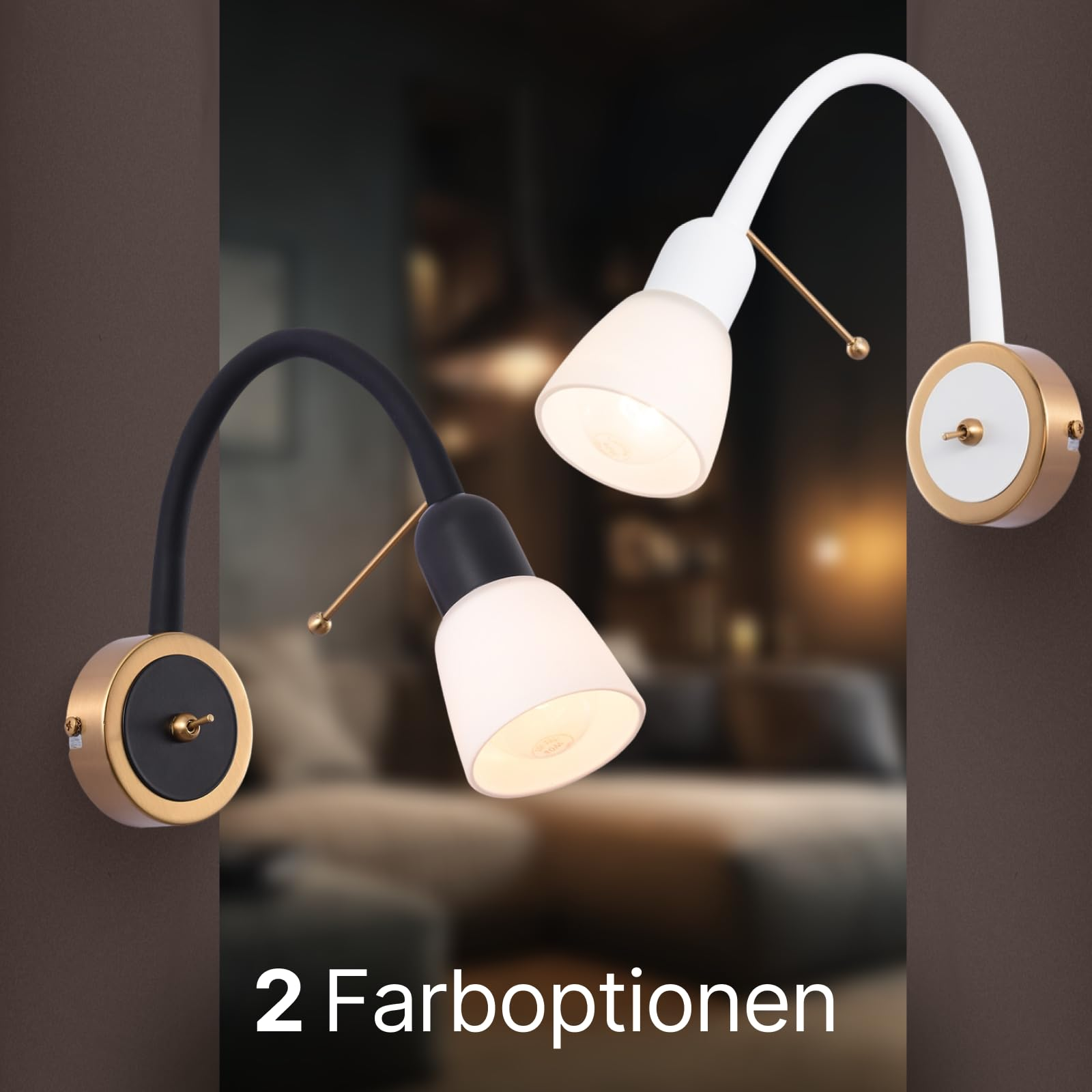 Zwei Wandlampen mit flexiblen Armen, eine schwarz, eine weiß, mit goldfarbenen Akzenten.