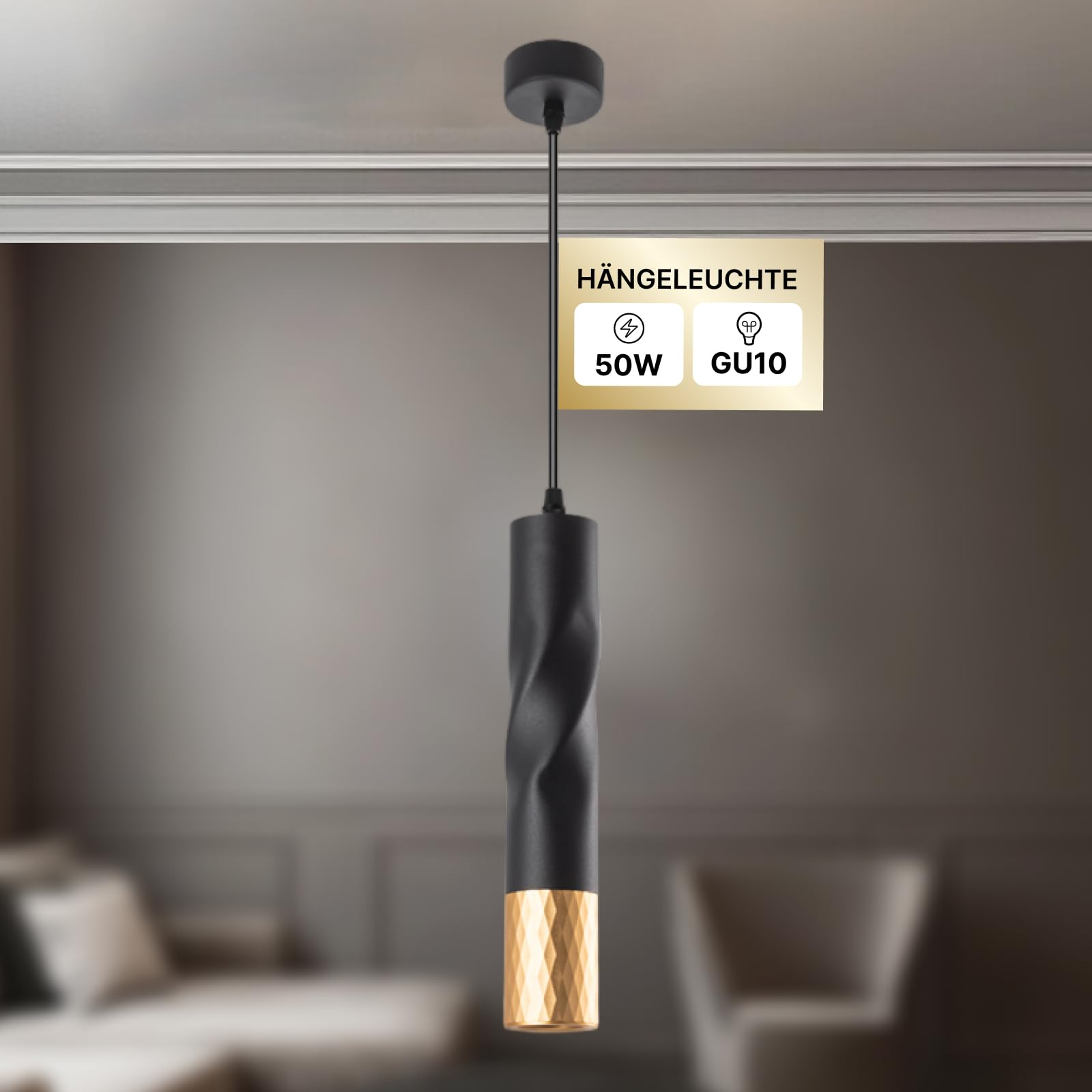 Schwarze Hängeleuchte mit gedrehtem Design und goldener Unterseite.