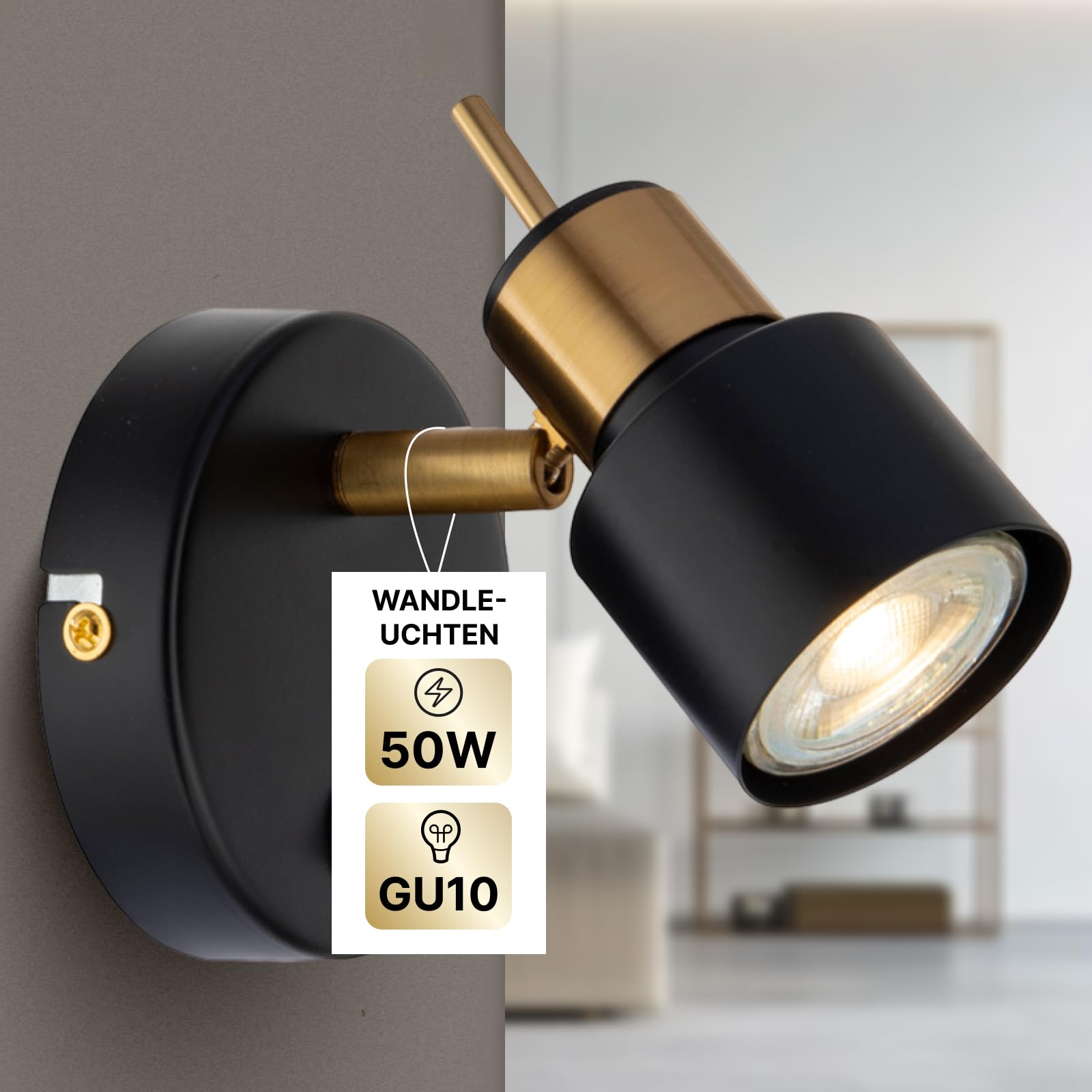 Schwarzer Wandstrahler mit Messingdetails, 50W GU10 Glühbirne.