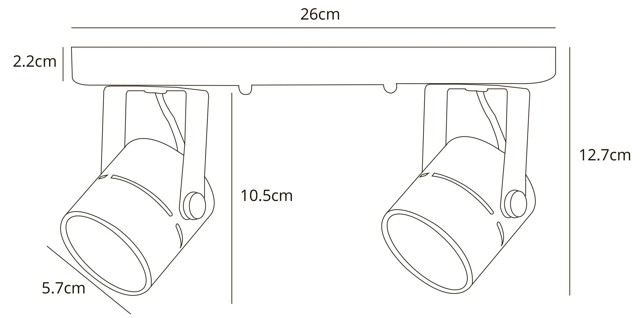 Zwei verstellbare Strahler mit Maßen: 26cm Breite, 12,7cm Höhe, 2,2cm Dicke.