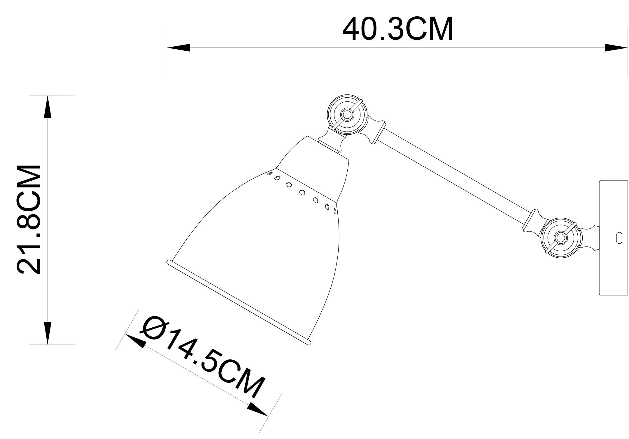 Technische Zeichnung einer Wandlampe mit Maßen: Höhe 21,8cm, Länge 40,3cm, Durchmesser 14,5cm.