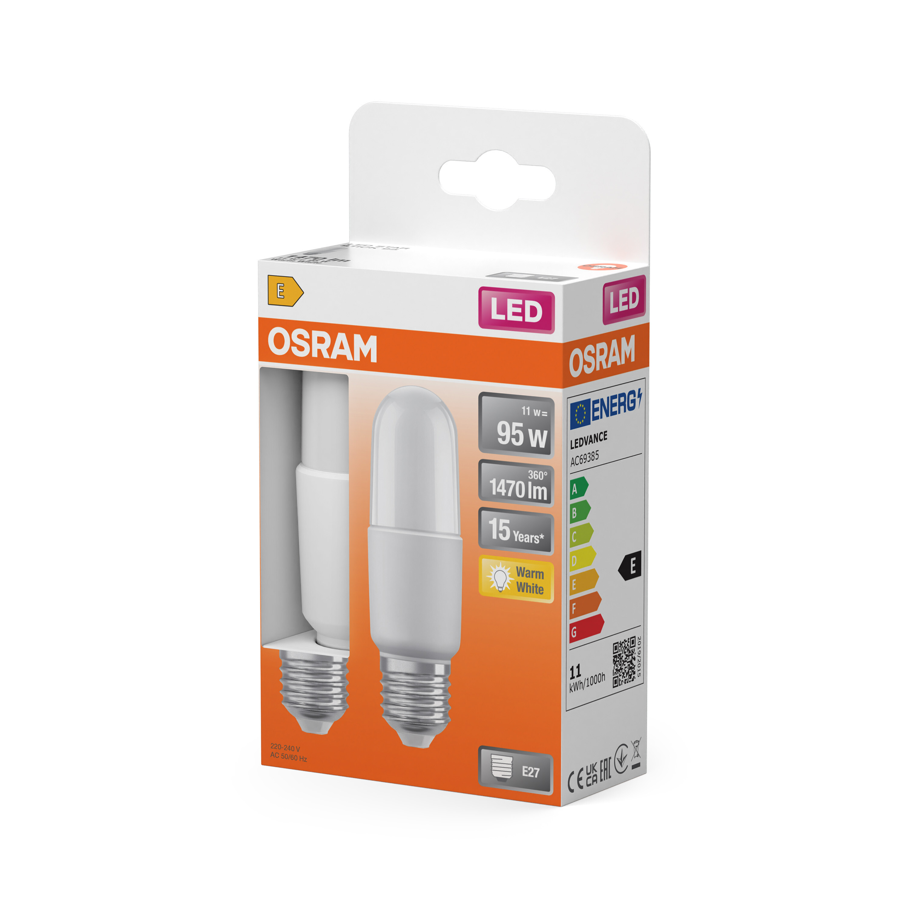 Osram LED-Lampe im Karton, 11W, 1470lm, Warmweiß, Energieklasse E.