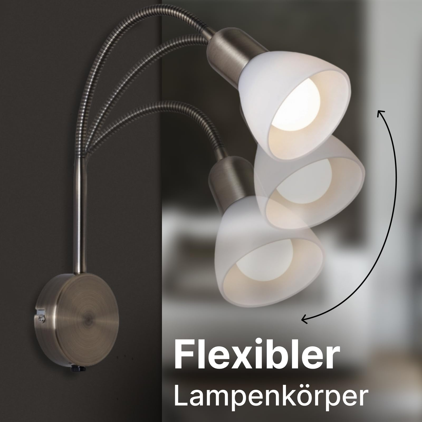 Eine Wandleuchte mit drei flexiblen Armen und weißen Lampenschirmen.