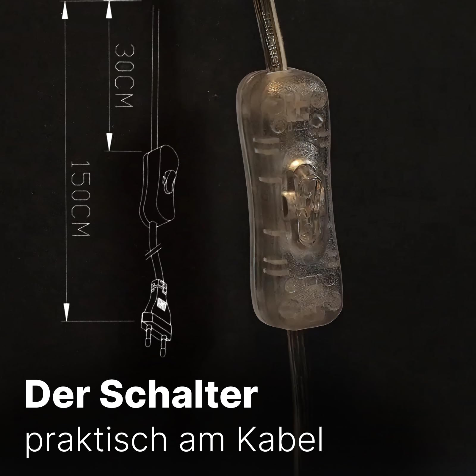Ein durchsichtiger Kabelschalter mit Maßangaben und einer schematischen Darstellung.