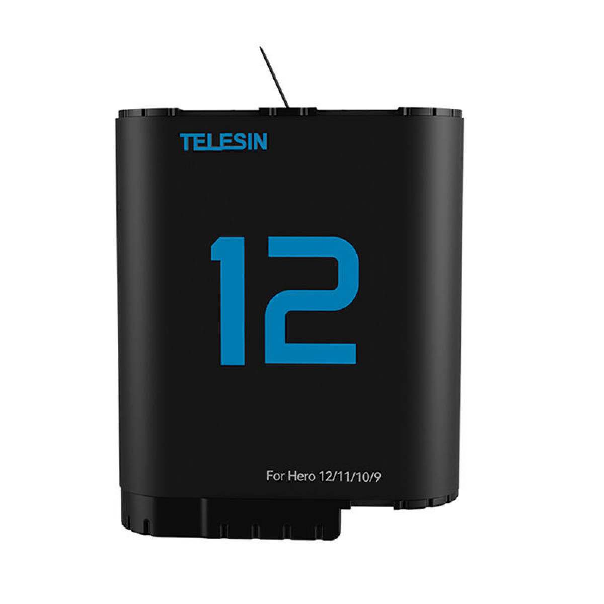 Schwarzer Akku mit blauem Logo "TELESIN" und "12" für Hero Kameras.