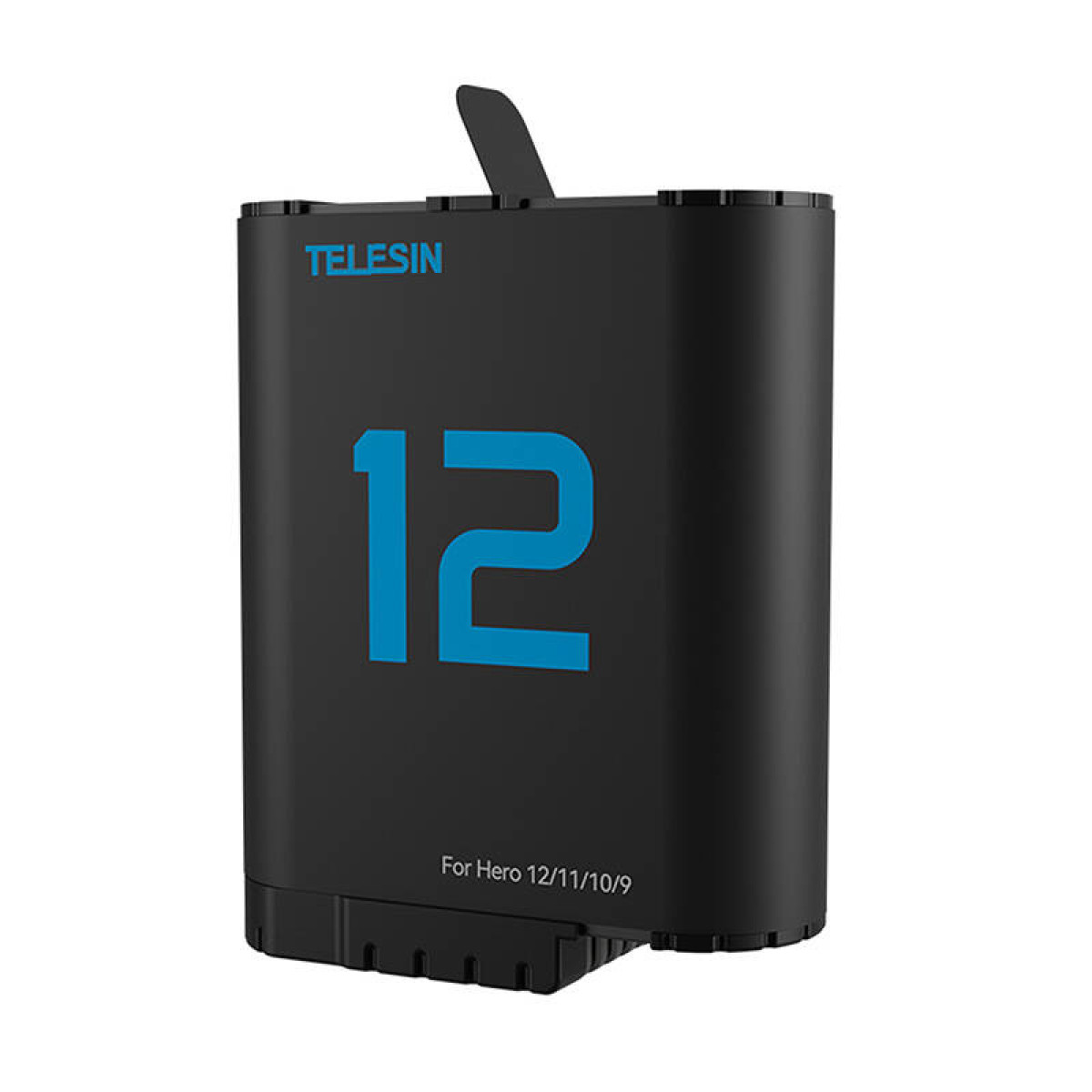 Schwarzer Akku mit blauem „12“-Logo und „Telesin“-Schriftzug.