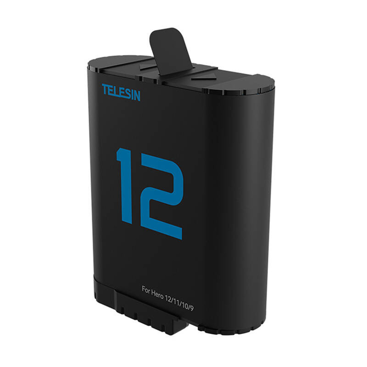 Schwarzer Akku mit blauem „12“-Logo und „TELESIN“-Schriftzug.