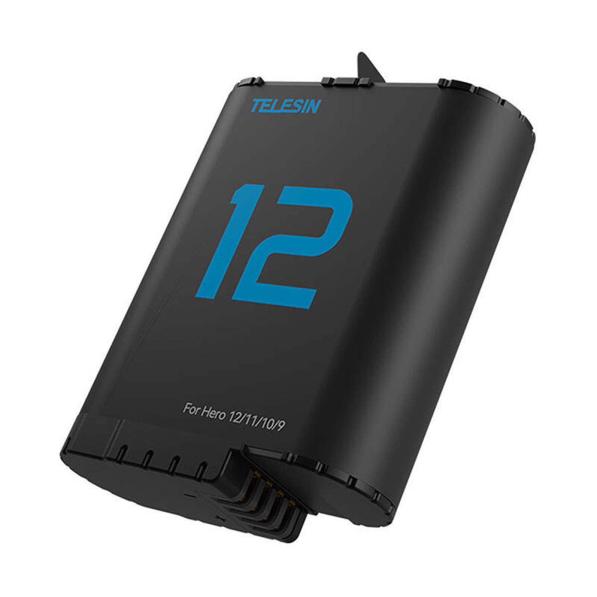 Schwarzer Telesin Akku mit blauem '12'-Logo und Text 'For Hero 12/11/10/9'.