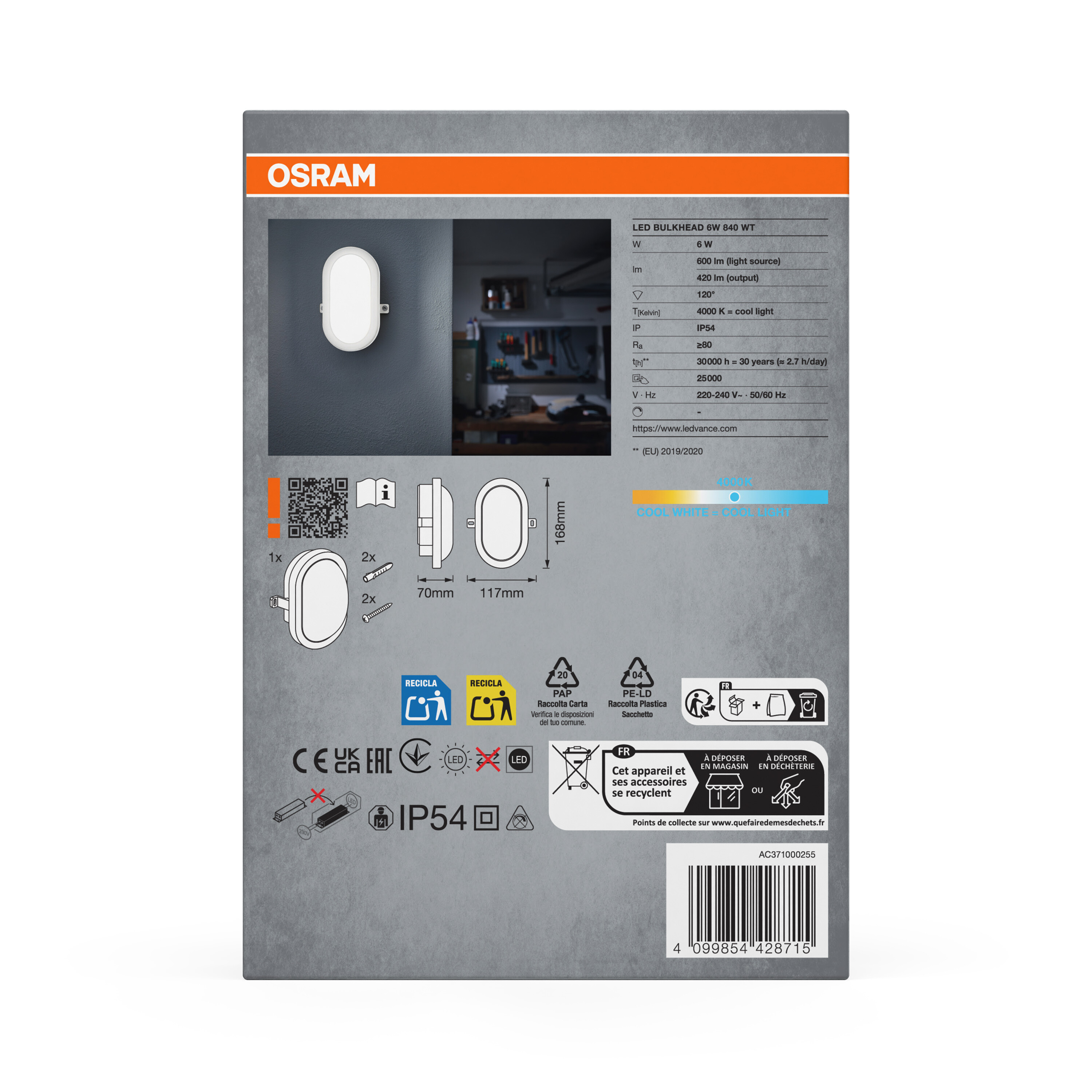 OSRAM LED Deckenleuchte, 6W, 420lm, IP54, 4000K. Enthält Montagezubehör.