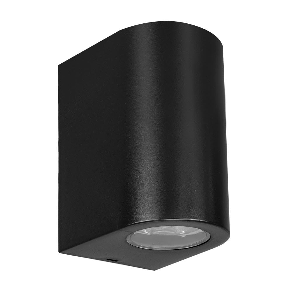 Eine schwarze Wandleuchte mit zylindrischem Gehäuse und sichtbarem Leuchtmittel.