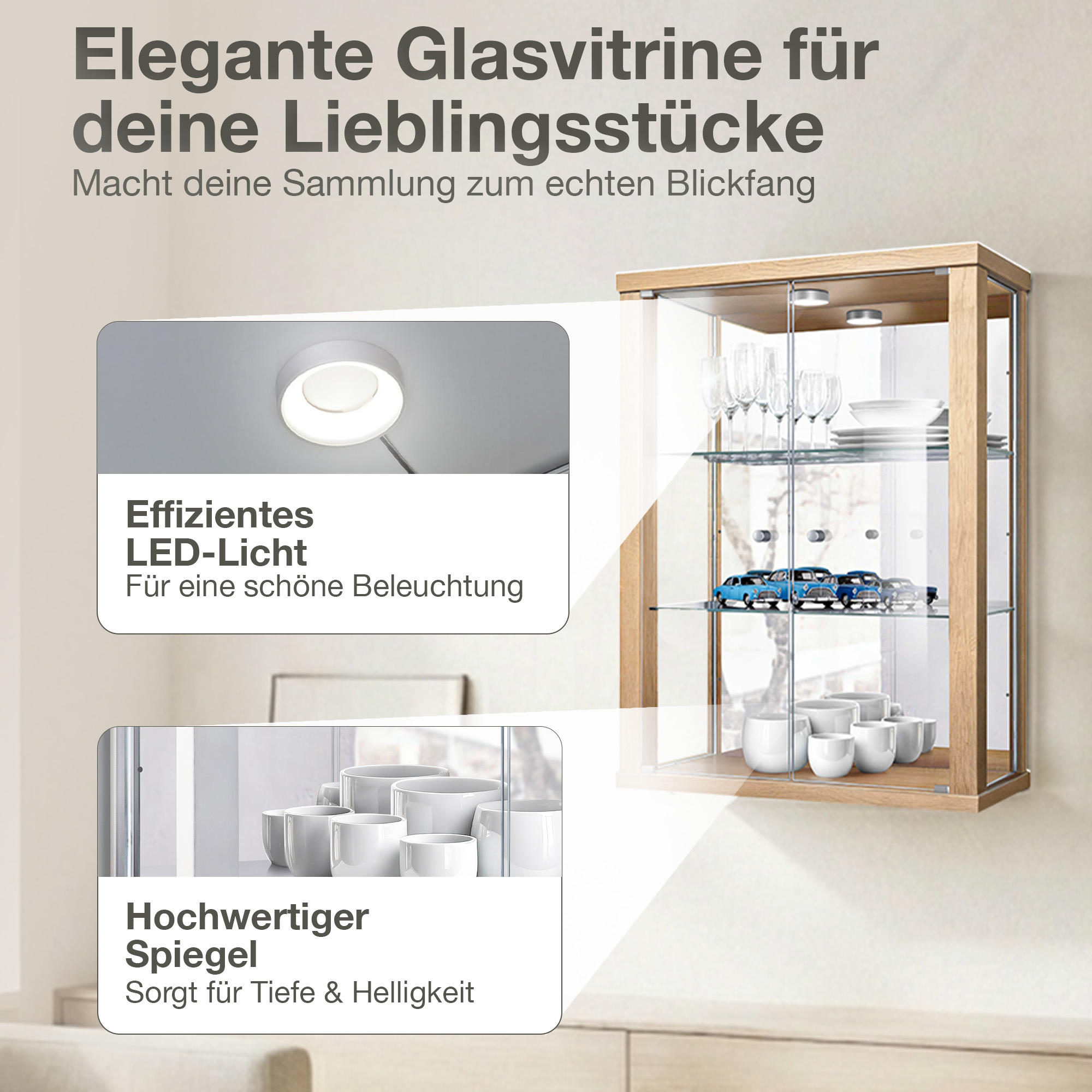 Elegante Glasvitrine mit LED-Licht und Spiegel, gefüllt mit Geschirr und Autos.