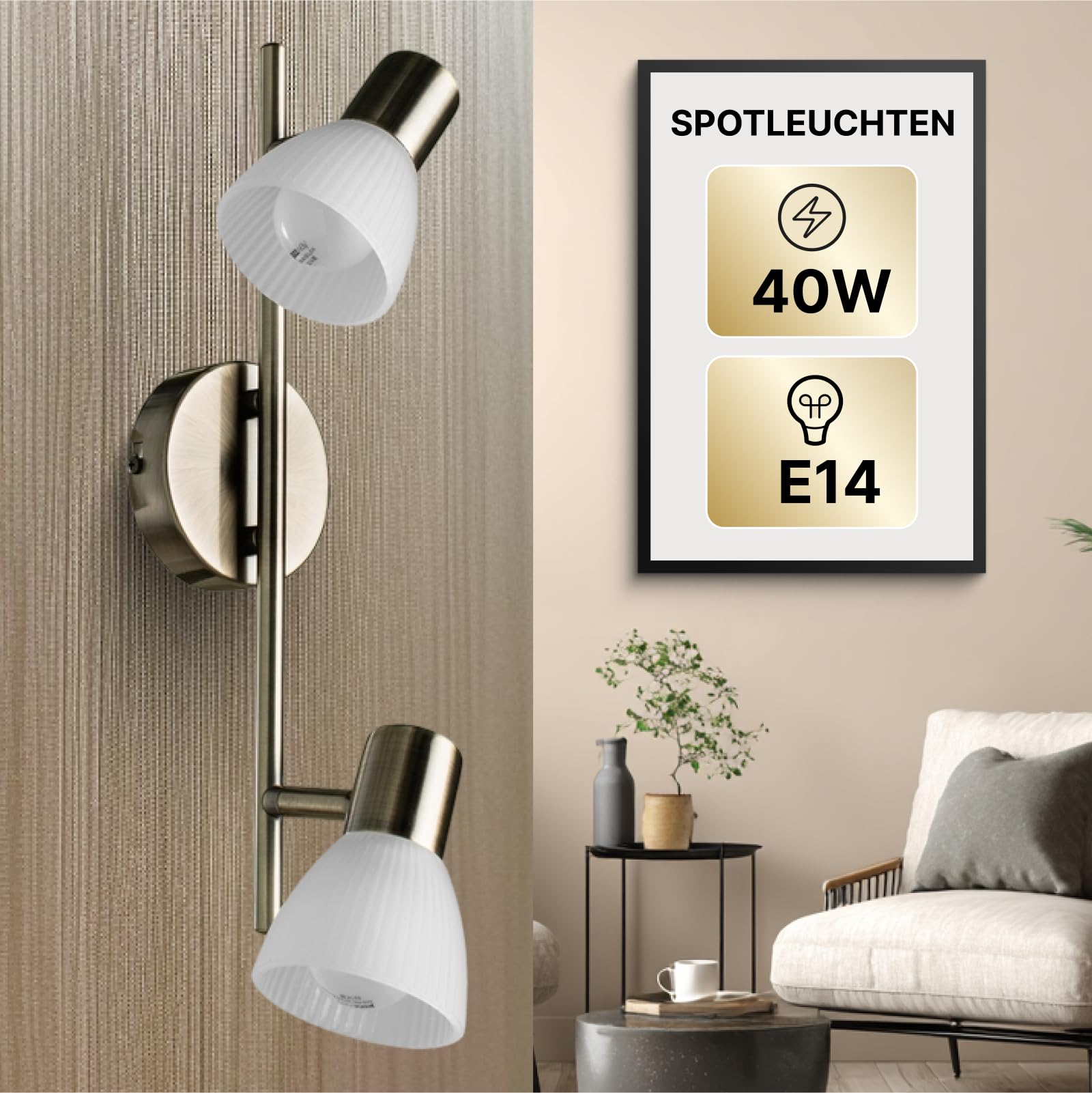 Zwei Spots mit weißem Glas und Messingdetails an gemusterter Wand, daneben ein Bild mit Infos.