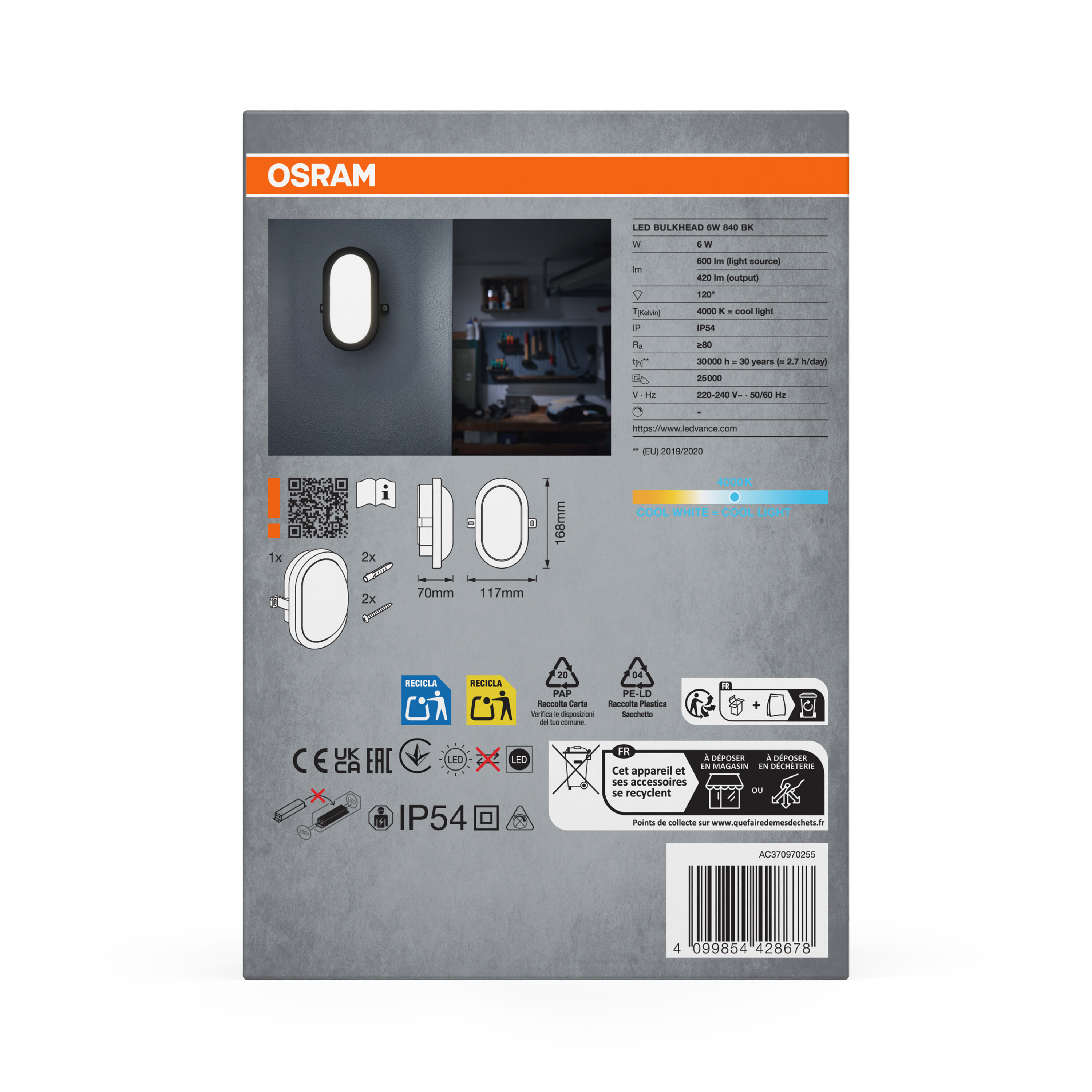 OSRAM LED-Wandleuchte, 6W, IP54, 4000K, mit technischen Daten und Recyclinginfos.