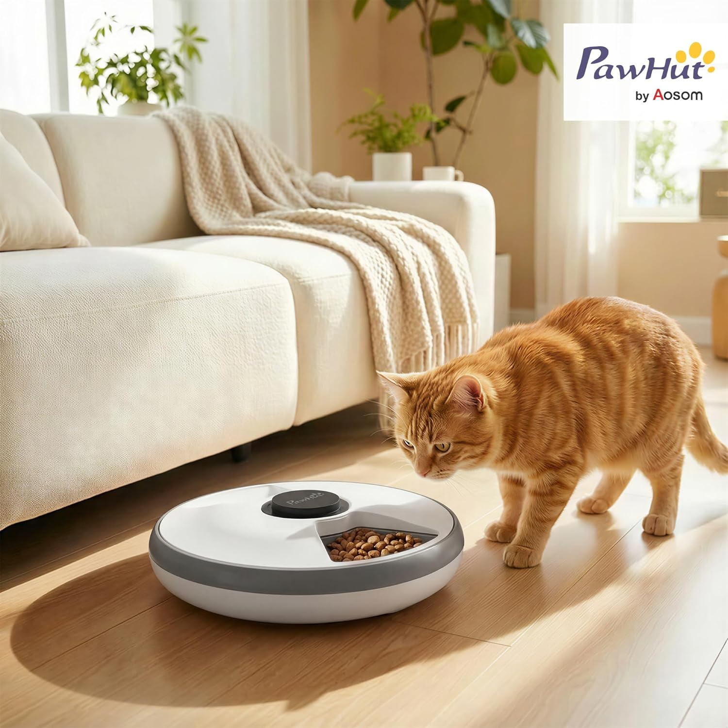 Orange getigerte Katze schaut auf automatischen Futterspender mit Futter.