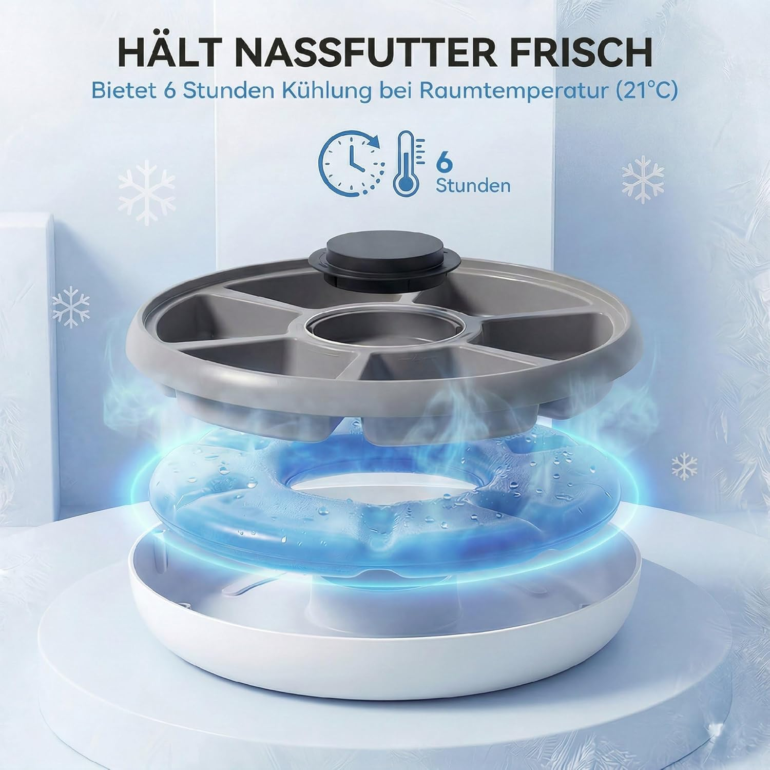 Ein Kühler für Nassfutter mit 6 Stunden Kühlung. Umgeben von Nebel.