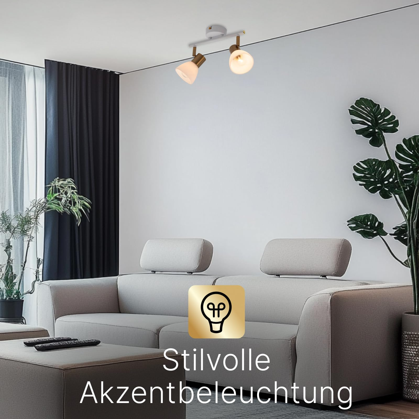 Ein stilvoller Deckenstrahler mit zwei Lampen über einem Sofa.