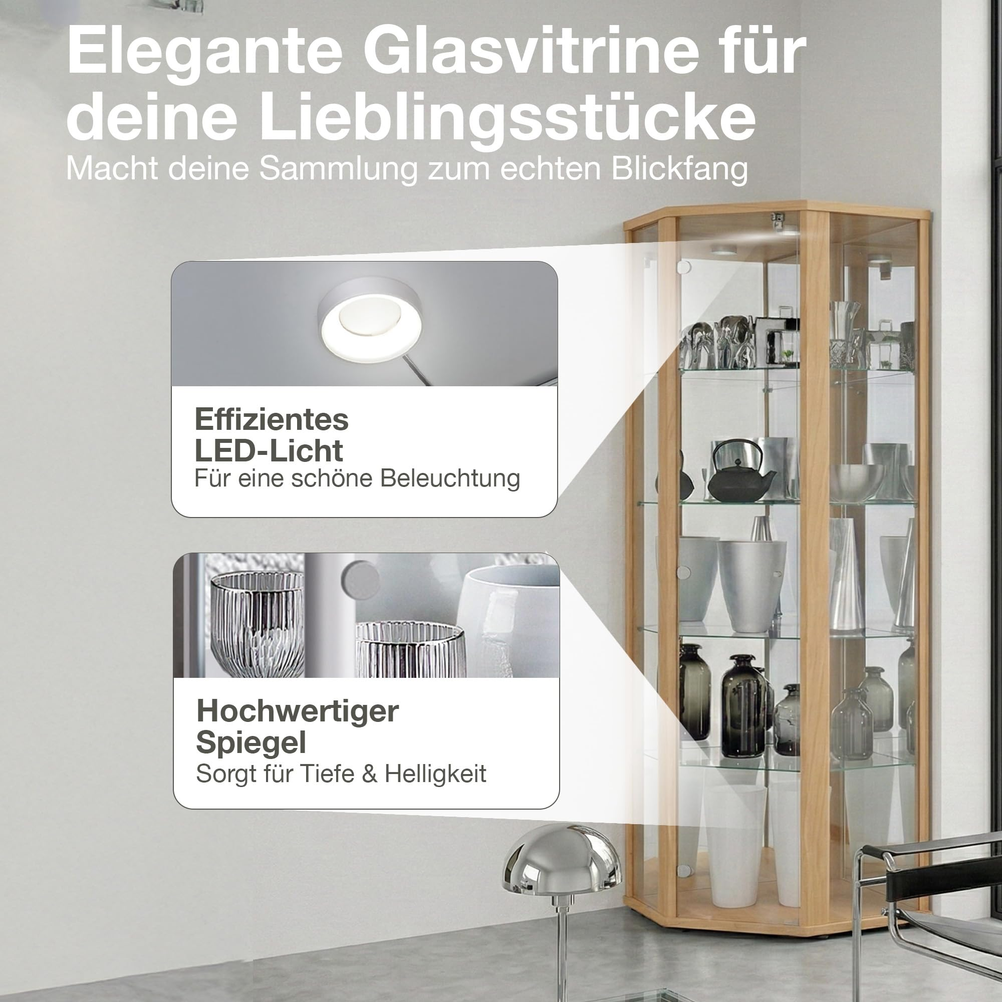 Eine elegante Holzvitrine mit Glasböden, beleuchtet und mit Spiegeln.