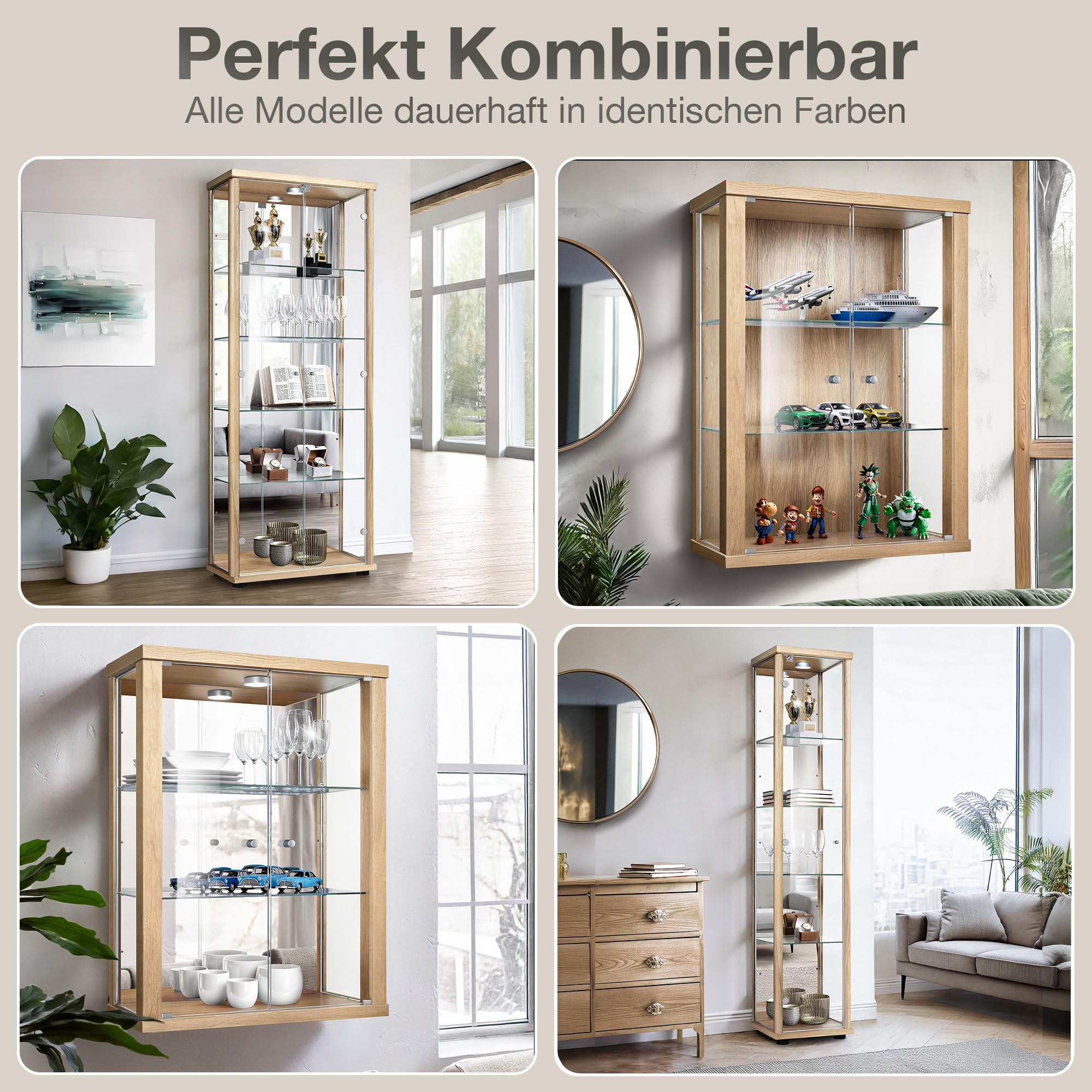 Vier Vitrinen im Holzrahmen mit Glasböden, gefüllt mit Deko und Figuren.