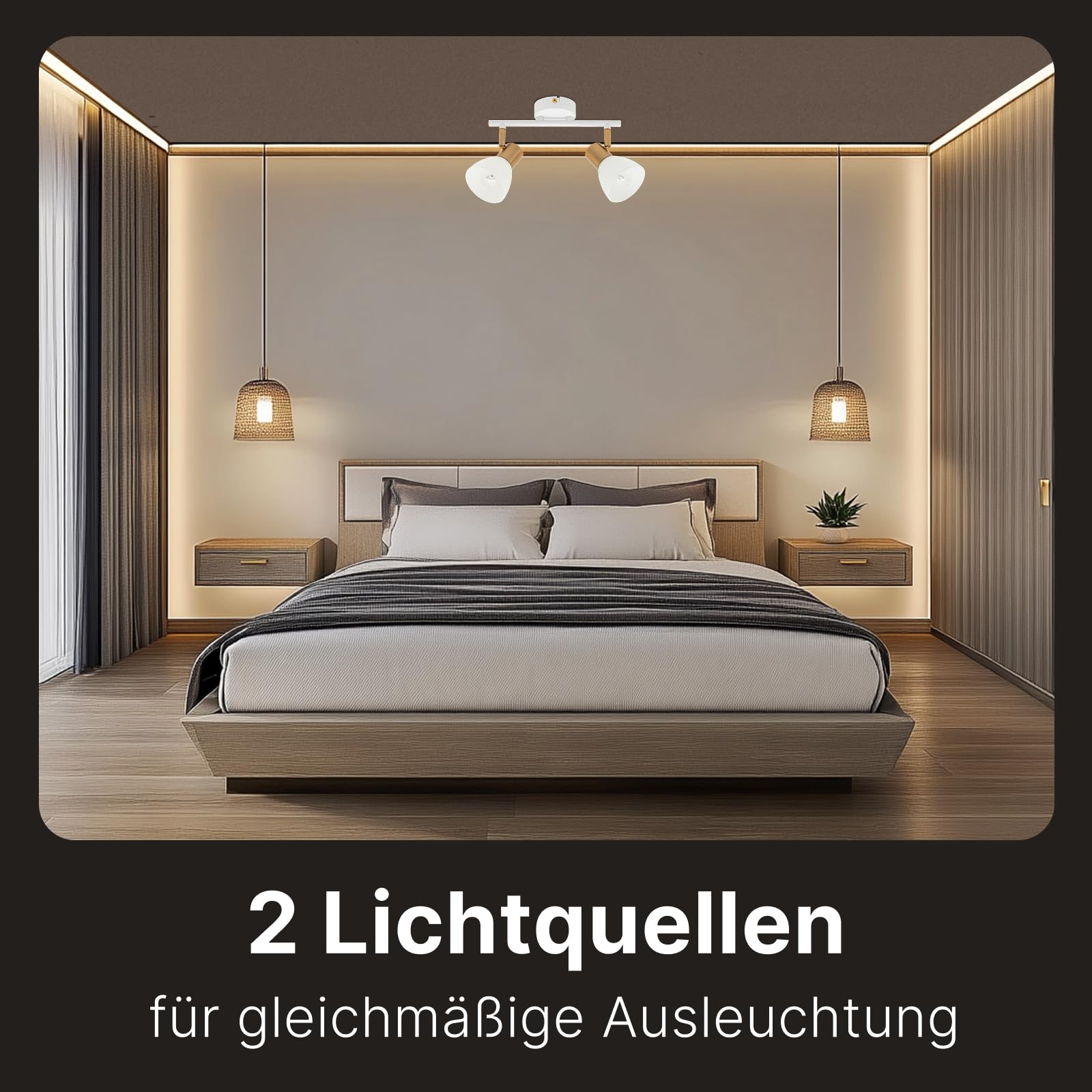 Modernes Schlafzimmer mit Doppelbett, Nachttischen, Pendelleuchten und Deckenstrahlern.