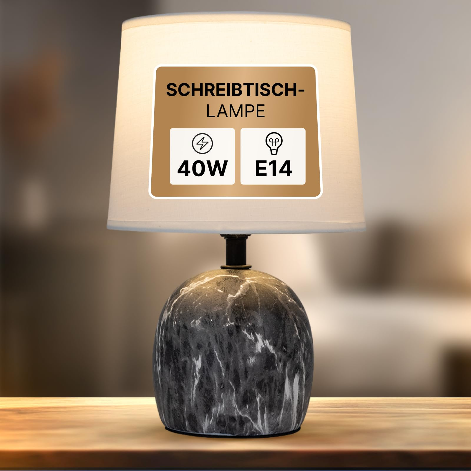Eine Schreibtischlampe mit Marmorsockel, 40W, E14-Fassung.