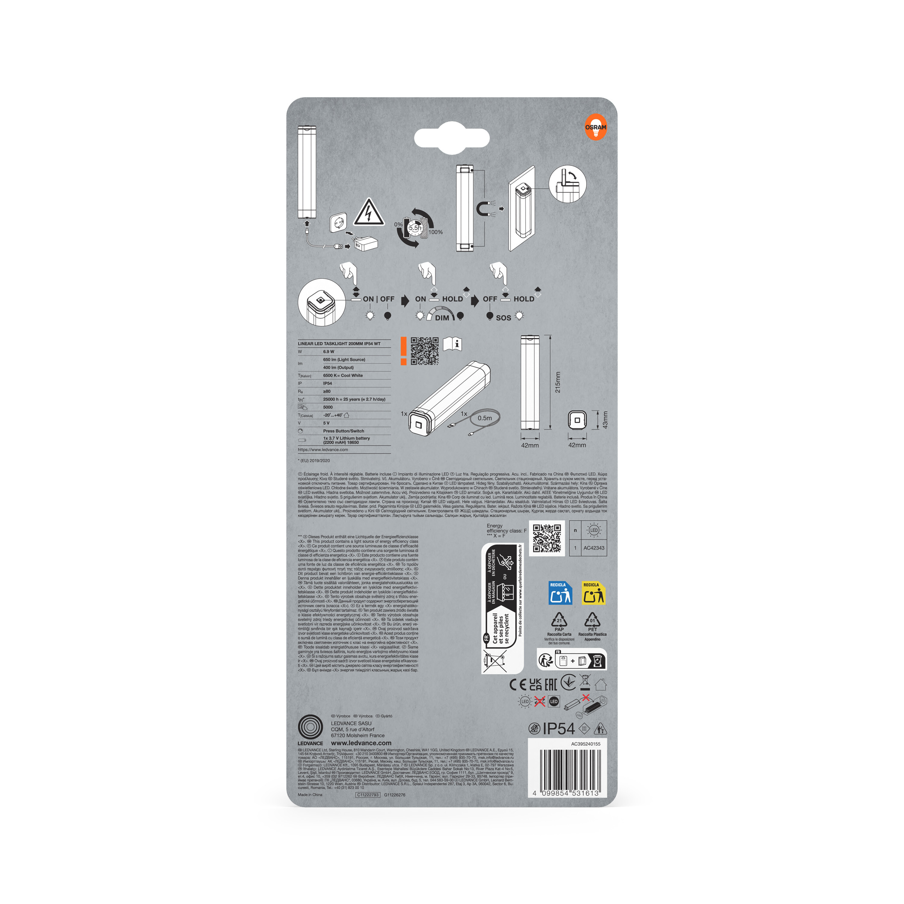 Verpackung einer LED-Taschenlampe mit technischen Daten und Symbolen.