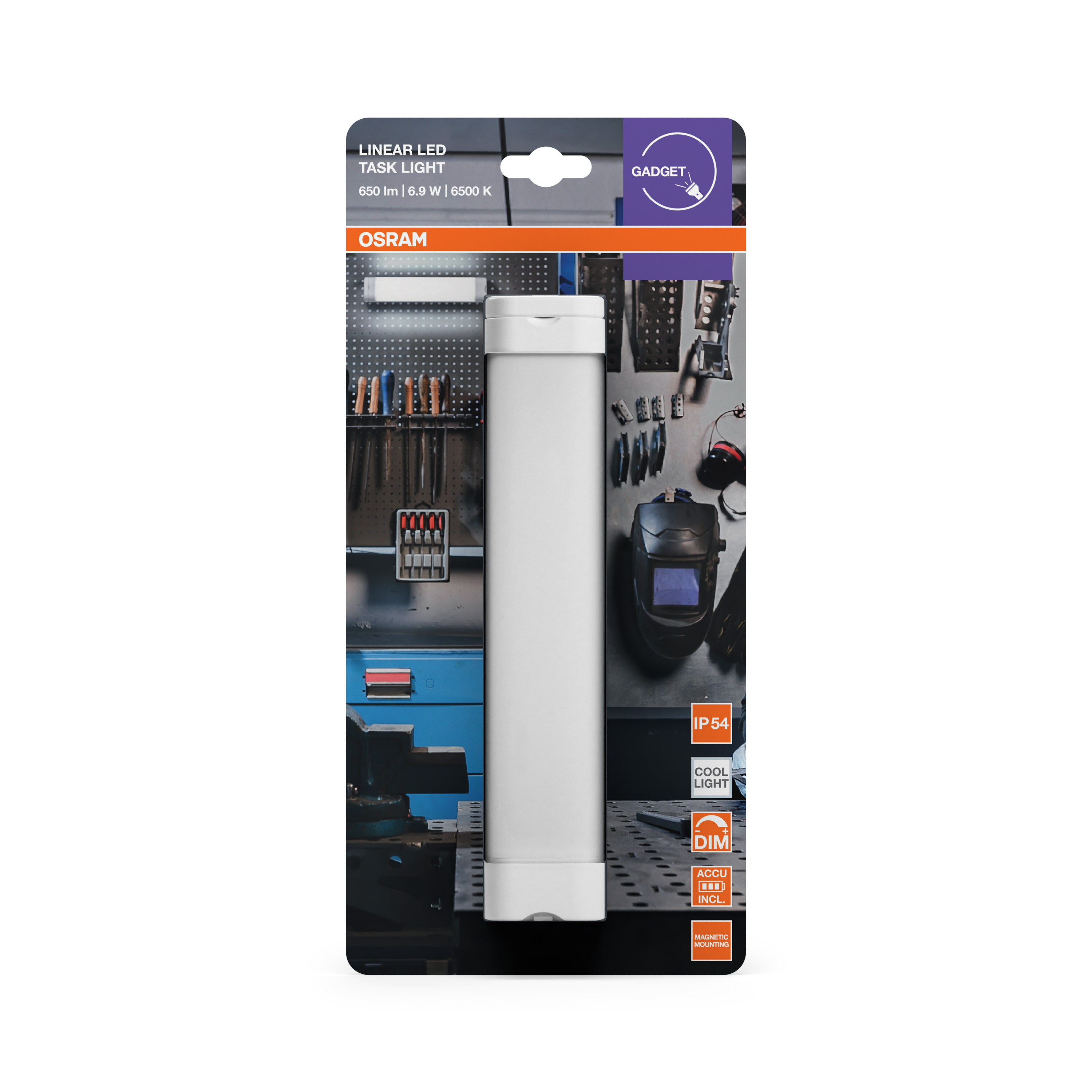 Osram lineare LED Arbeitsleuchte in Verpackung mit Werkzeugen und Schweißermaske.
