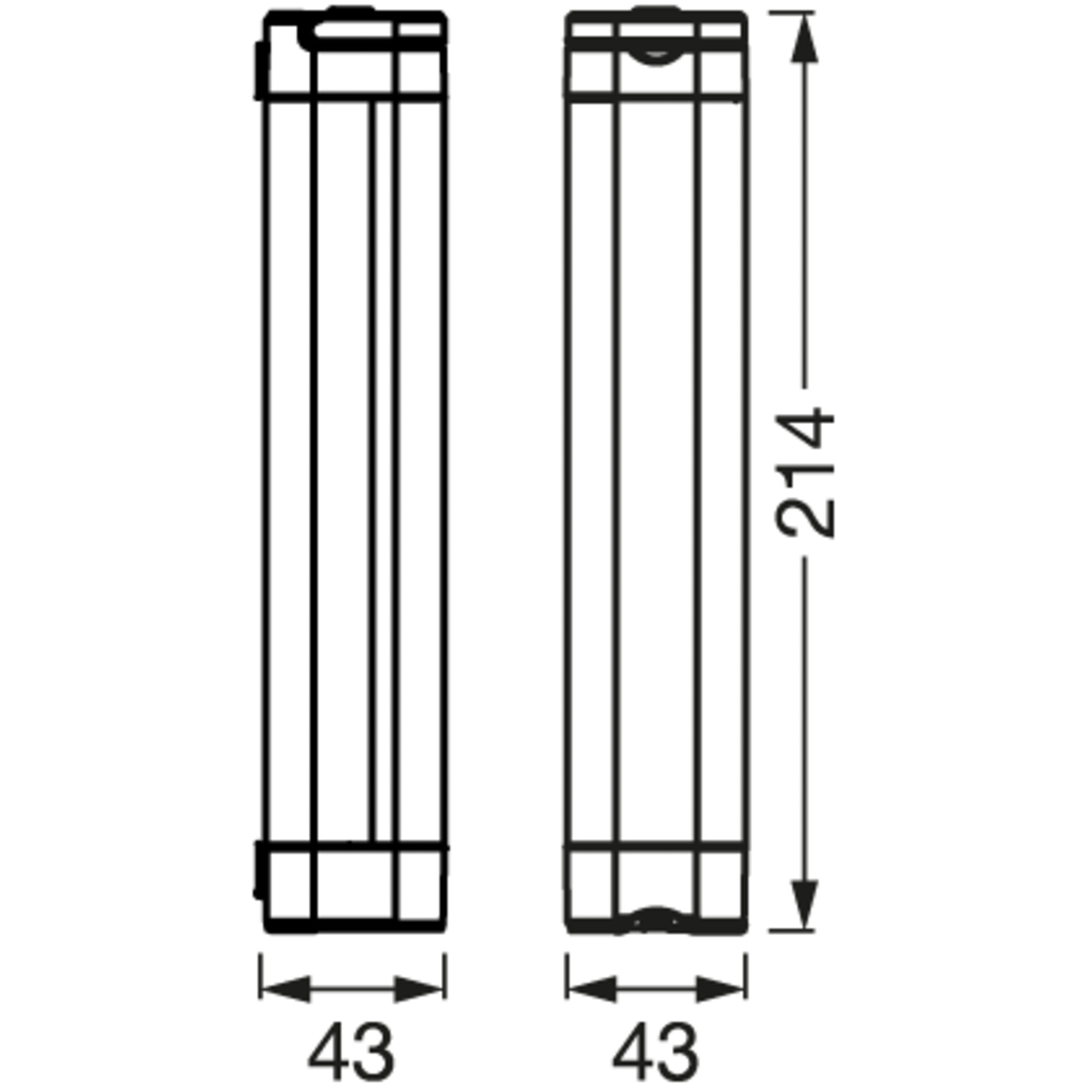 Zwei rechteckige Objekte mit Maßangaben 43x214mm.