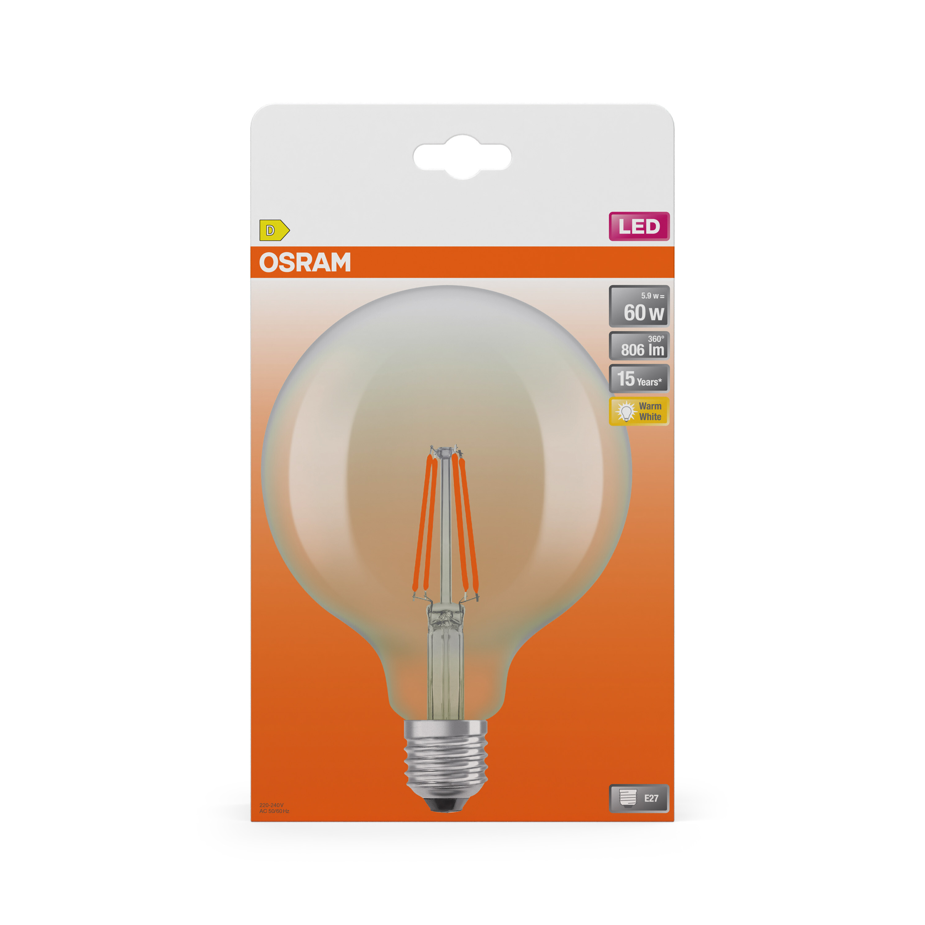 Osram LED-Glühbirnenverpackung mit großer klarer Globusbirne, Filament und E27-Sockel.