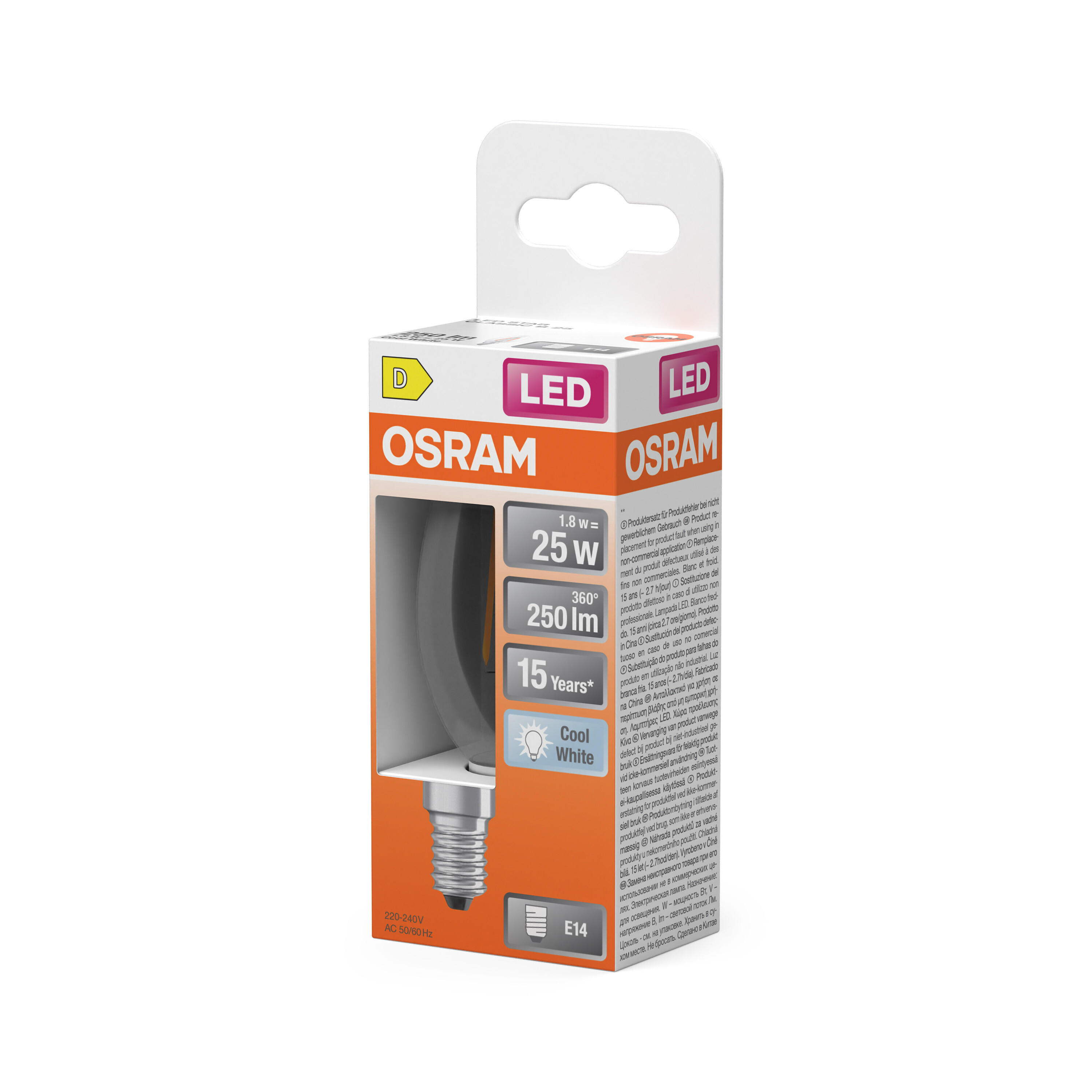 OSRAM LED-Lampe: 1.8W entspricht 25W, 250lm, 360°, 15 Jahre, Kühlweiß, E14 Sockel.