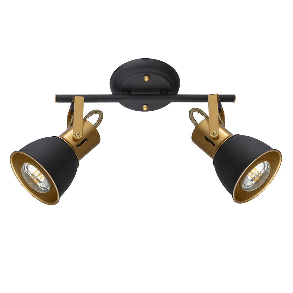 Schwarzer Deckenstrahler mit zwei schwenkbaren Lampenschirmen aus Gold und Schwarz.