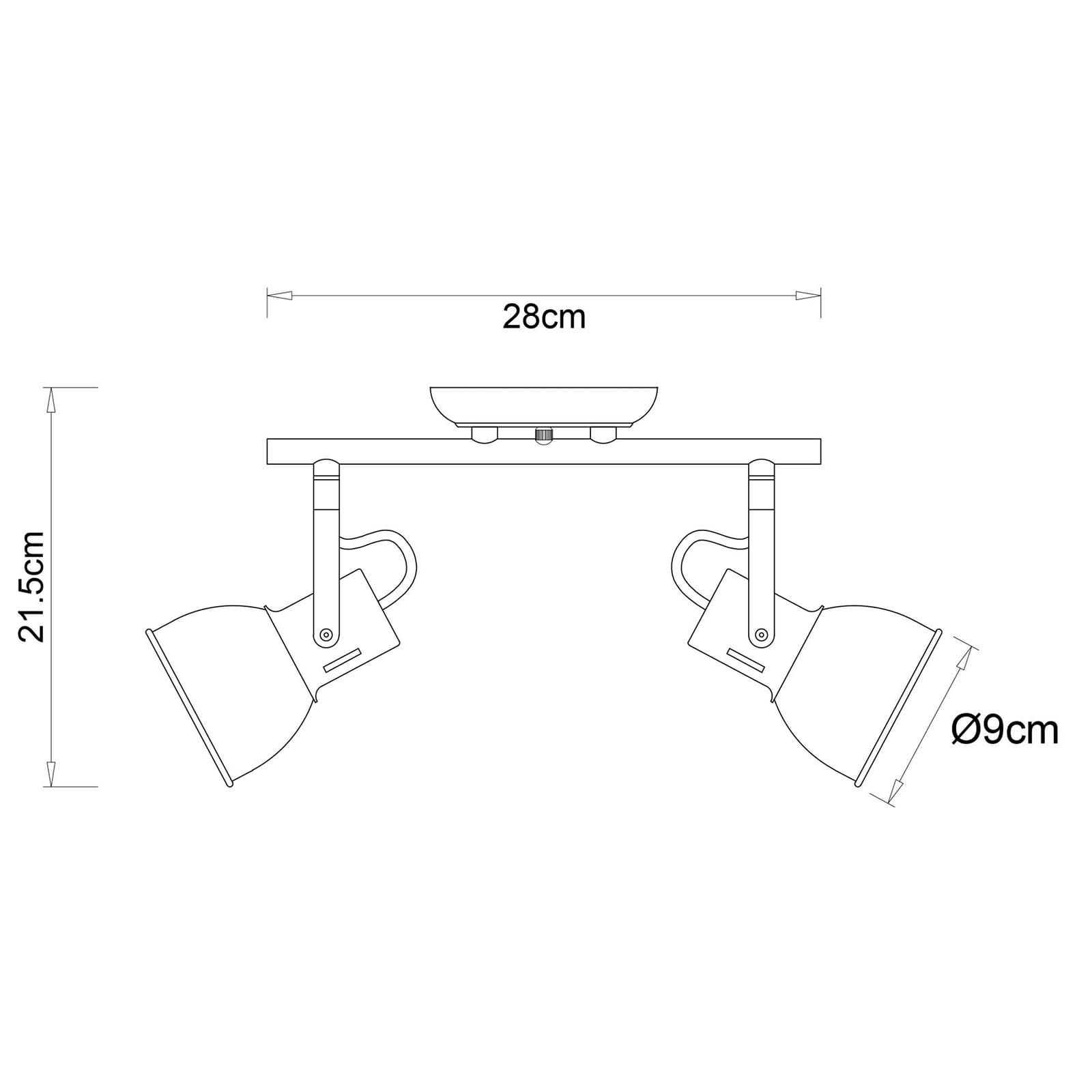 Zwei Lampenschirme an einer Stange mit Maßen 28 cm Breite, 21,5 cm Höhe.