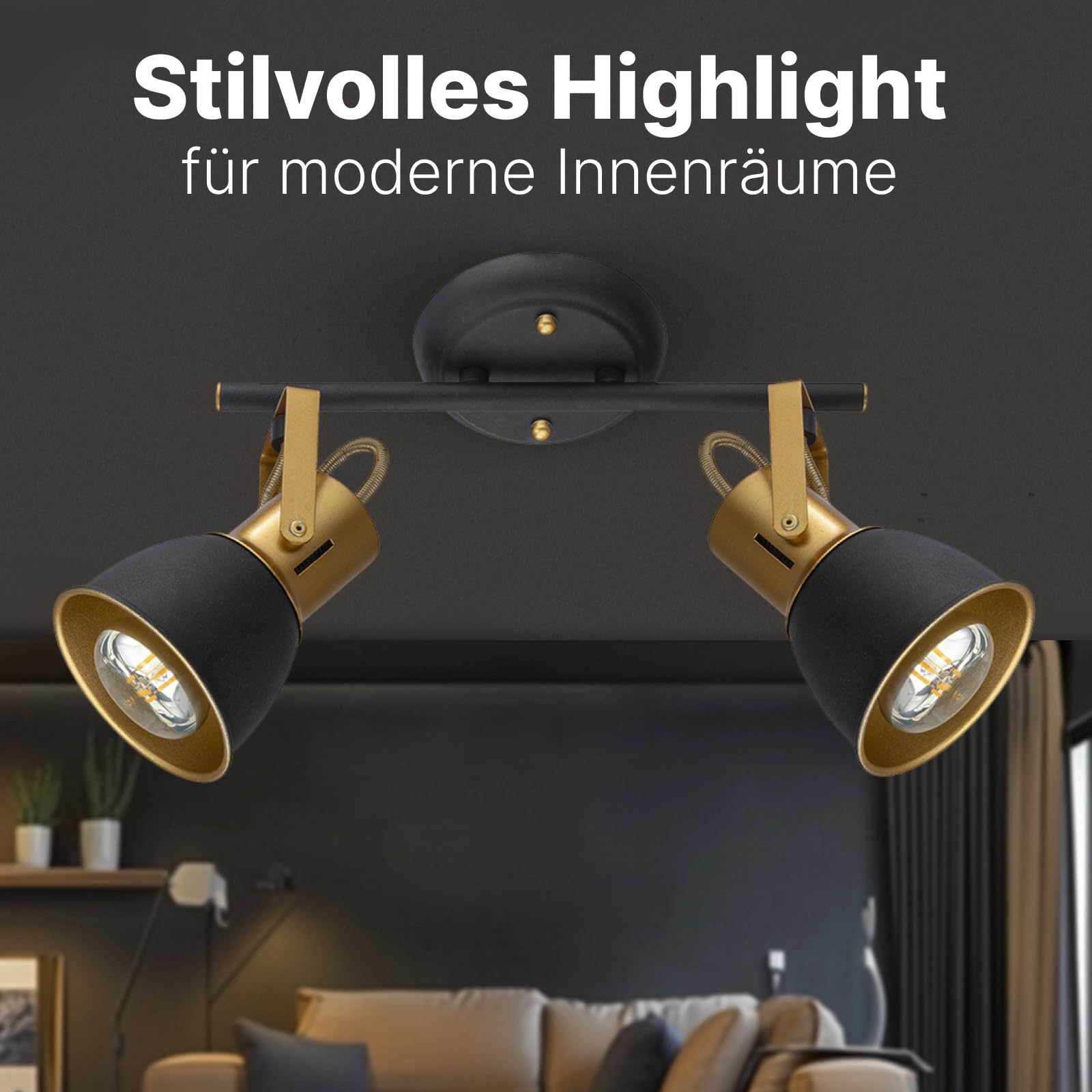 Ein schwarzer und goldener Deckenstrahler mit zwei verstellbaren Köpfen in einem modernen Wohnzimmer.