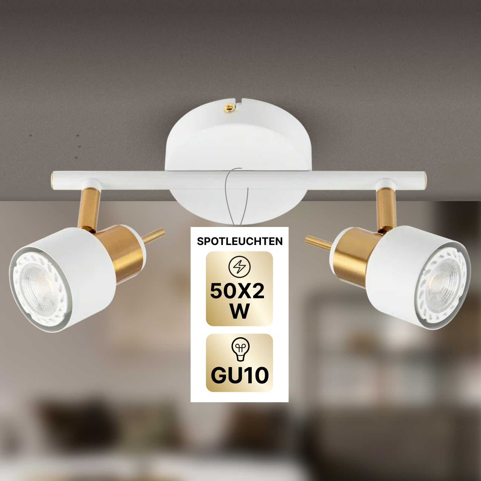 Weiße Deckenleuchte mit zwei goldakzentuierten Spots, 50x2W GU10.