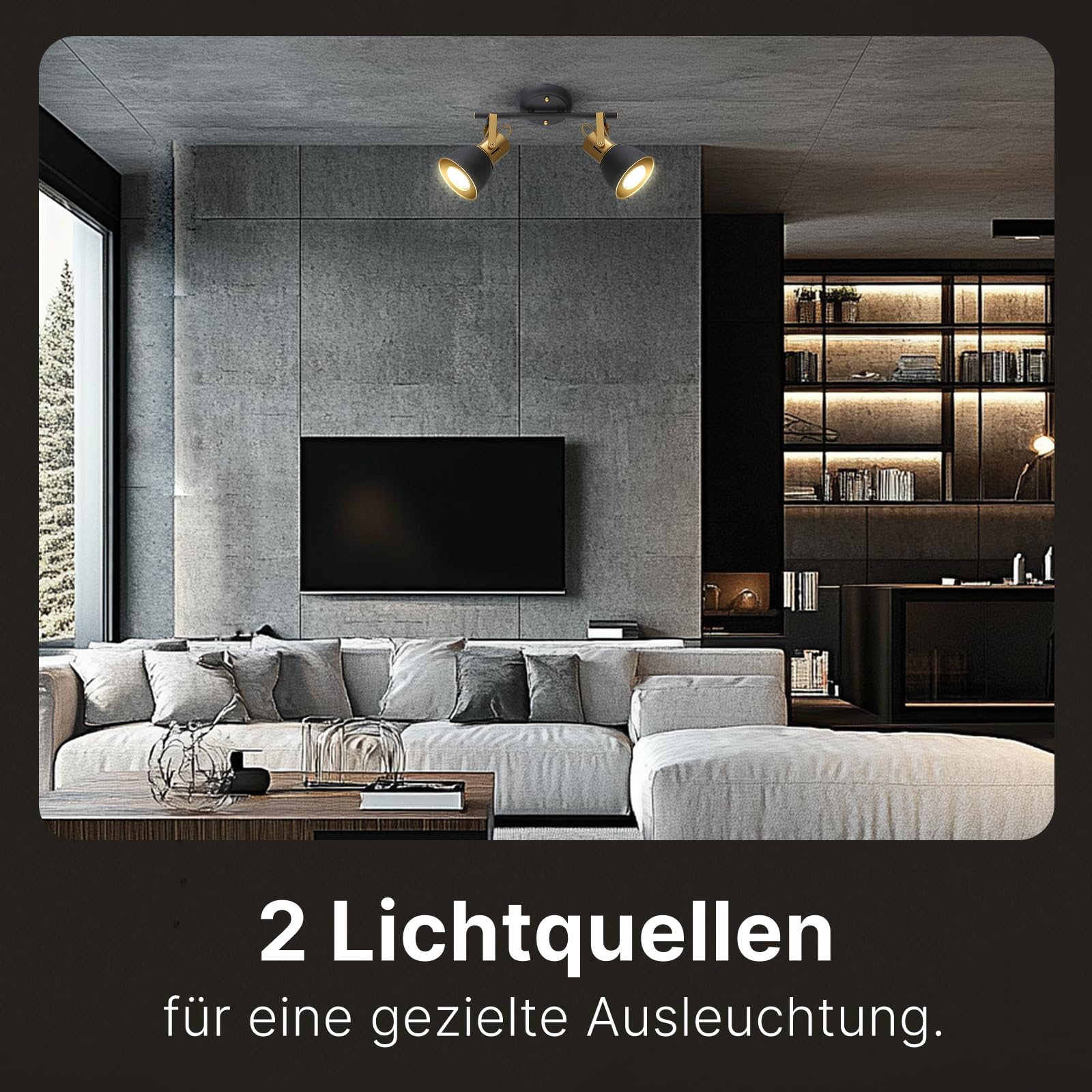 Zwei schwarze Lampen mit goldenen Akzenten über einem Sofa.