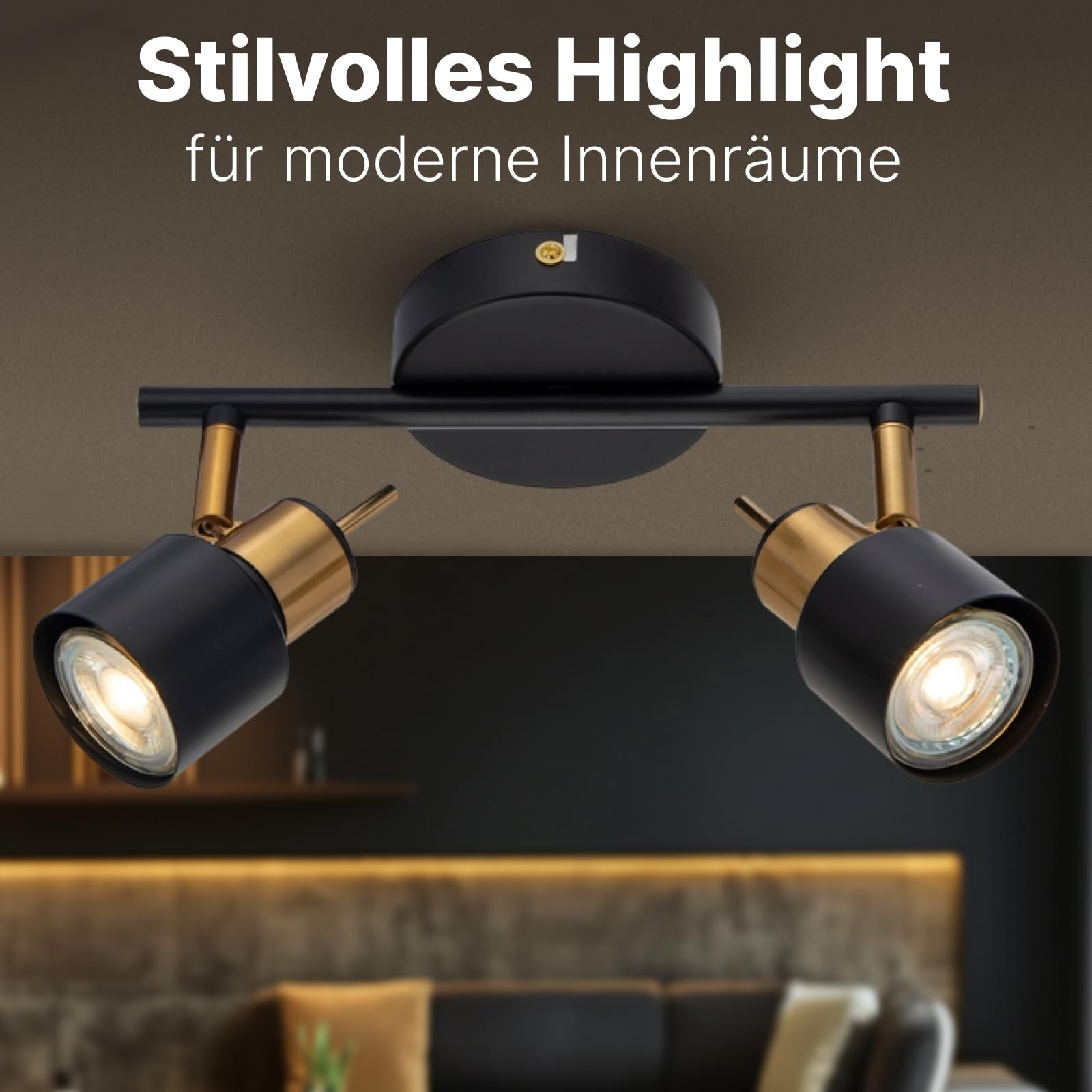 Zwei schwarze Spots mit goldenen Akzenten auf einer schwarzen Schiene.