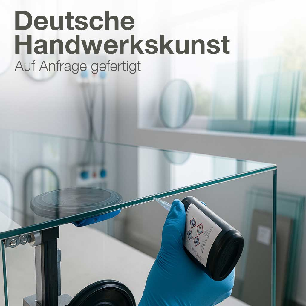 Eine Hand in einem blauen Handschuh trägt Kleber auf eine Glasplatte auf.