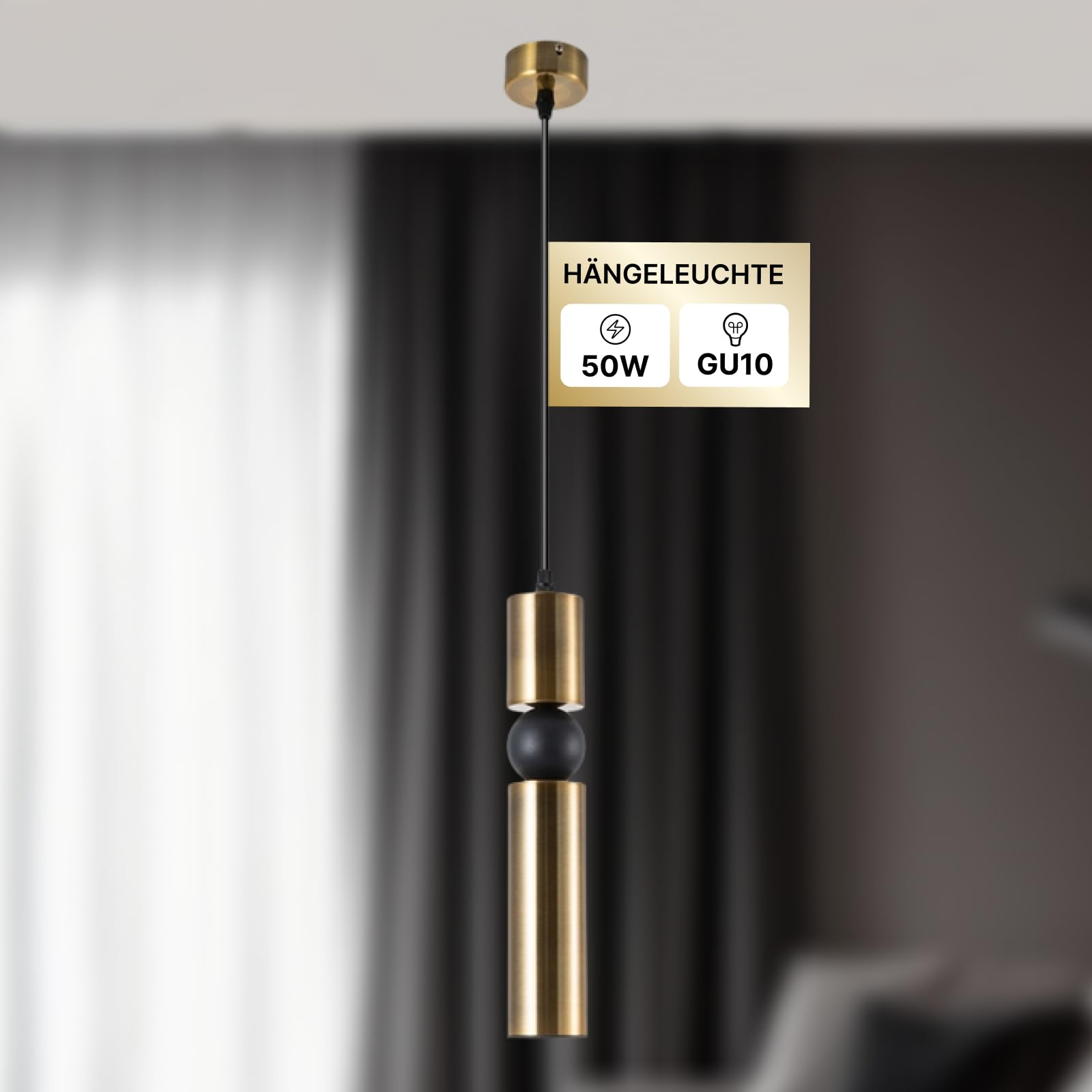 Eine goldene Pendelleuchte mit schwarzem Akzent und GU10-Fassung.