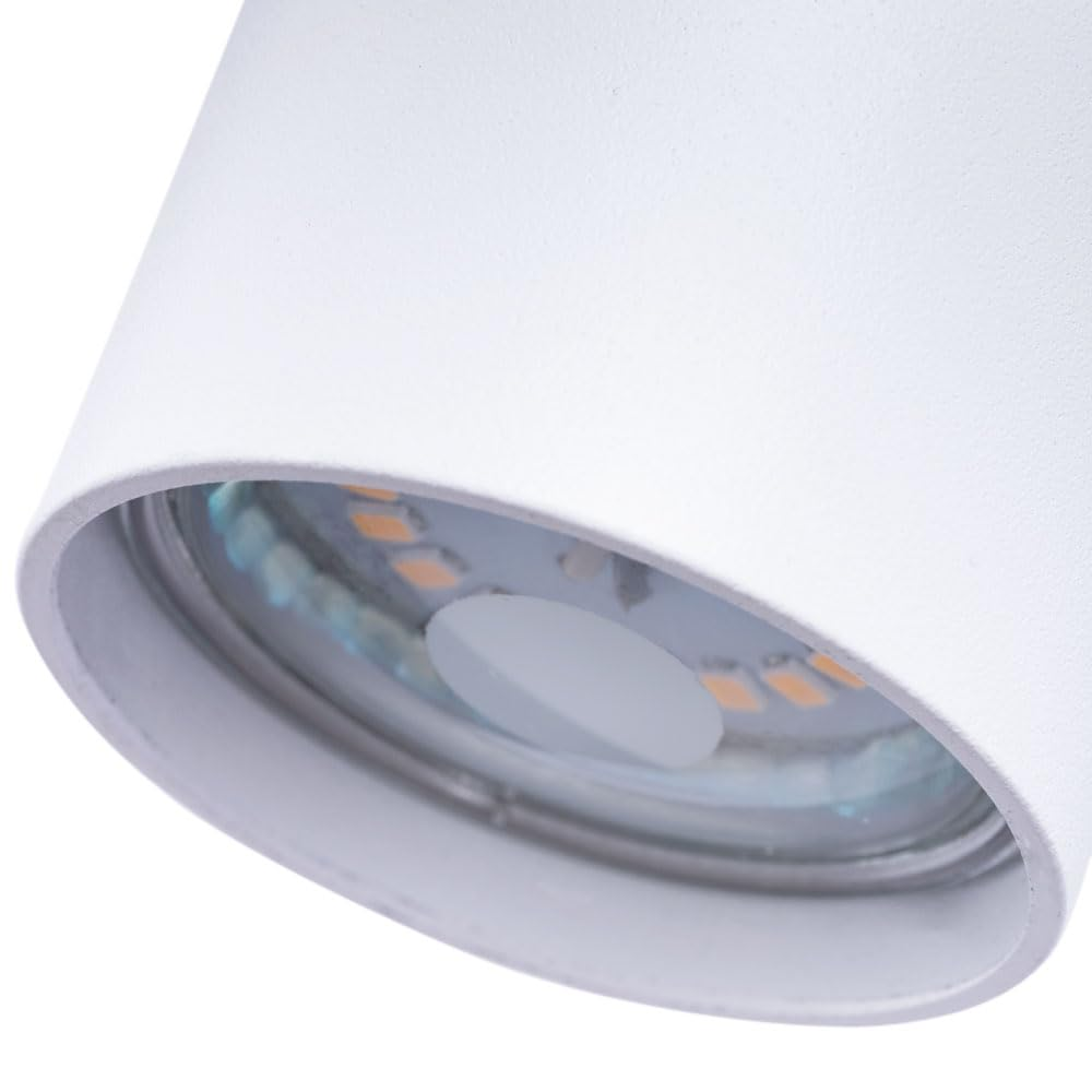 Nahaufnahme einer weißen LED-Leuchte mit sichtbaren Chips und Linsen.
