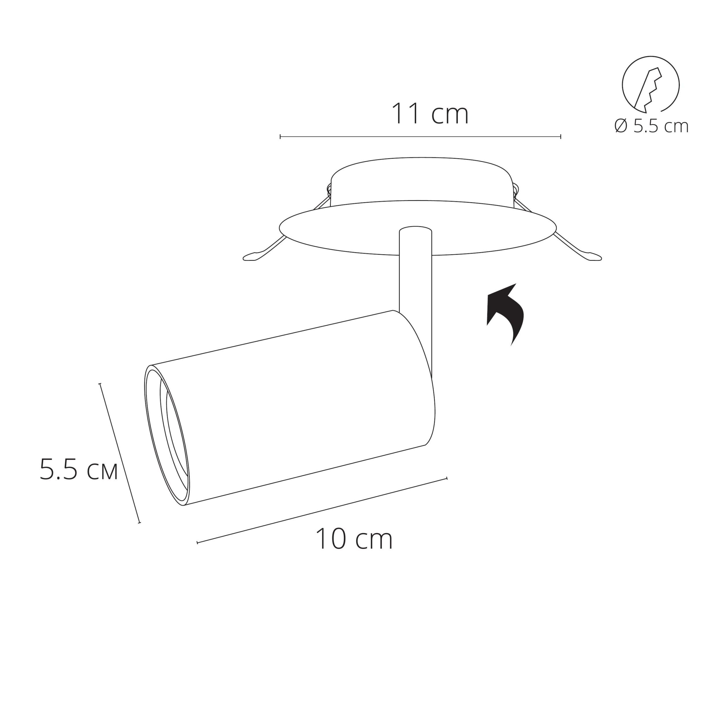 Technische Zeichnung eines Spots mit Maßen: 11 cm, 5,5 cm und 10 cm.
