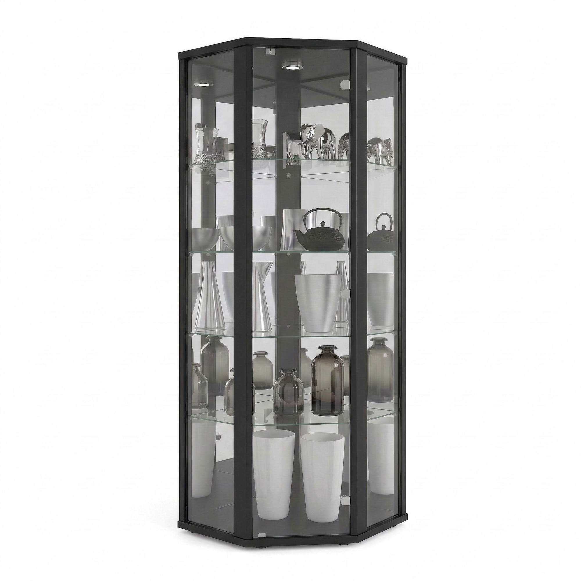 Eine schwarze Vitrine mit Glasböden, gefüllt mit silbernen und grauen Dekorationen.