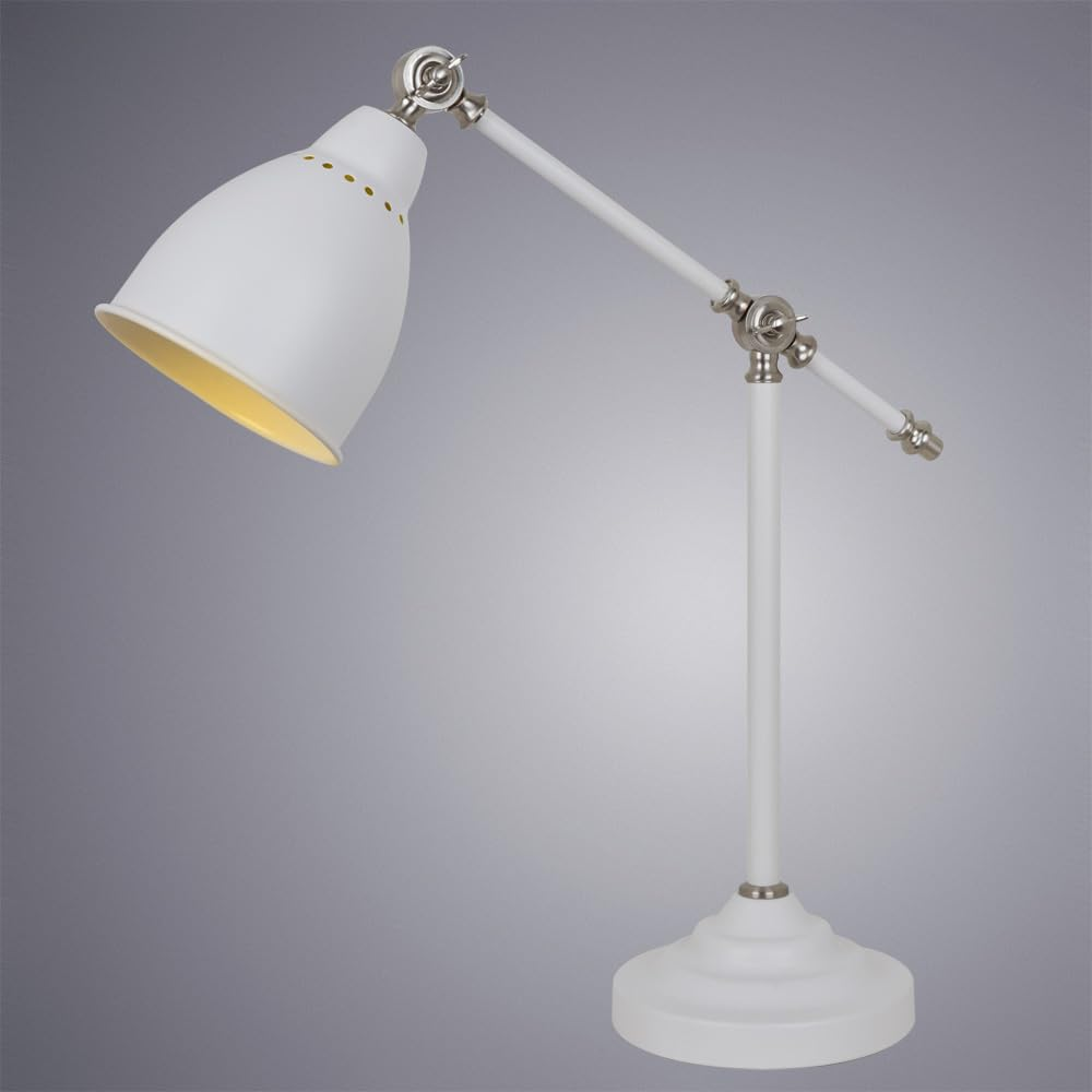 Eine weiße Schreibtischlampe mit verstellbarem Arm und gelbem Licht.