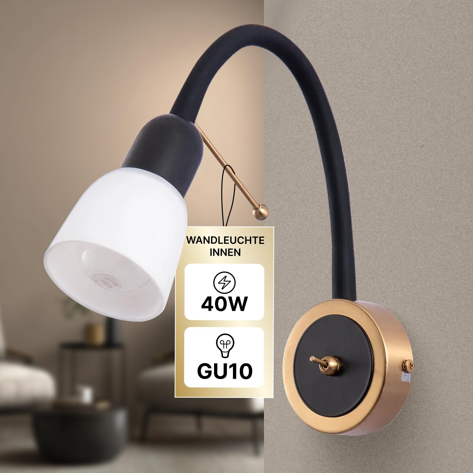 Schwarze Wandleuchte mit verstellbarem Arm und weißem Schirm. 40W GU10.