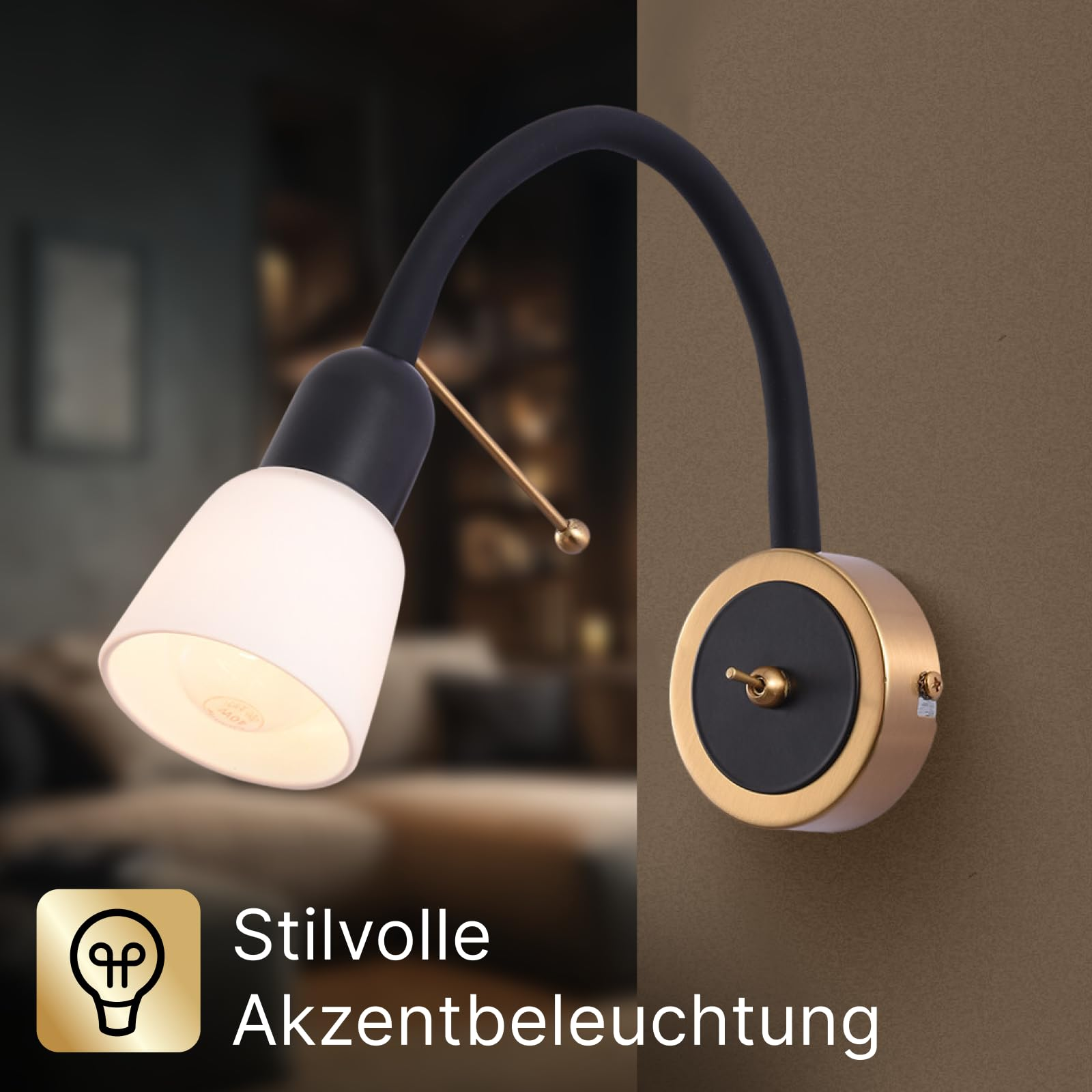 Eine schwenkbare Wandleuchte mit schwarzem Arm, weißem Schirm und Messingdetails.