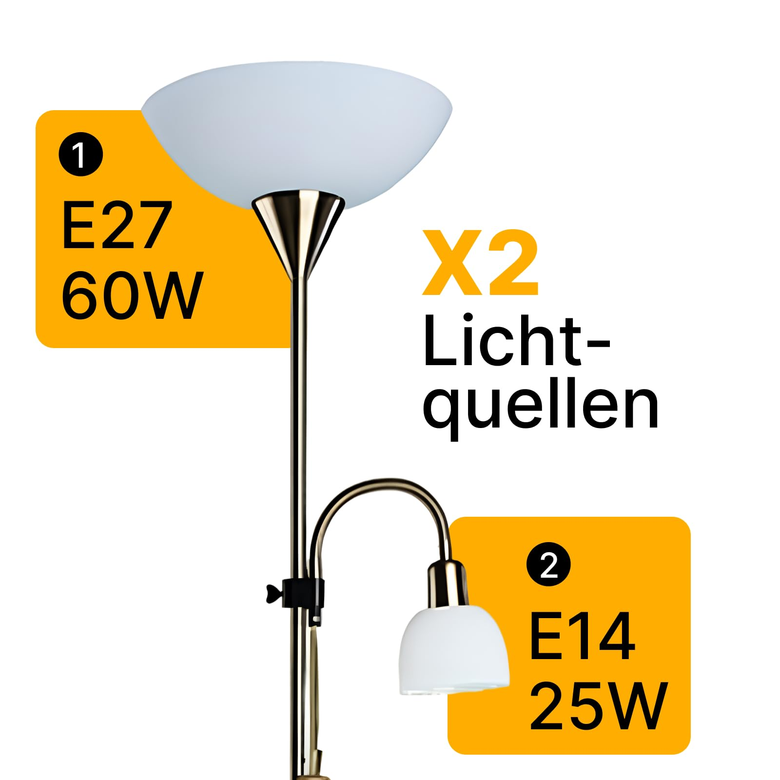 Stehleuchte mit zwei Lichtquellen: E27 60W und E14 25W.