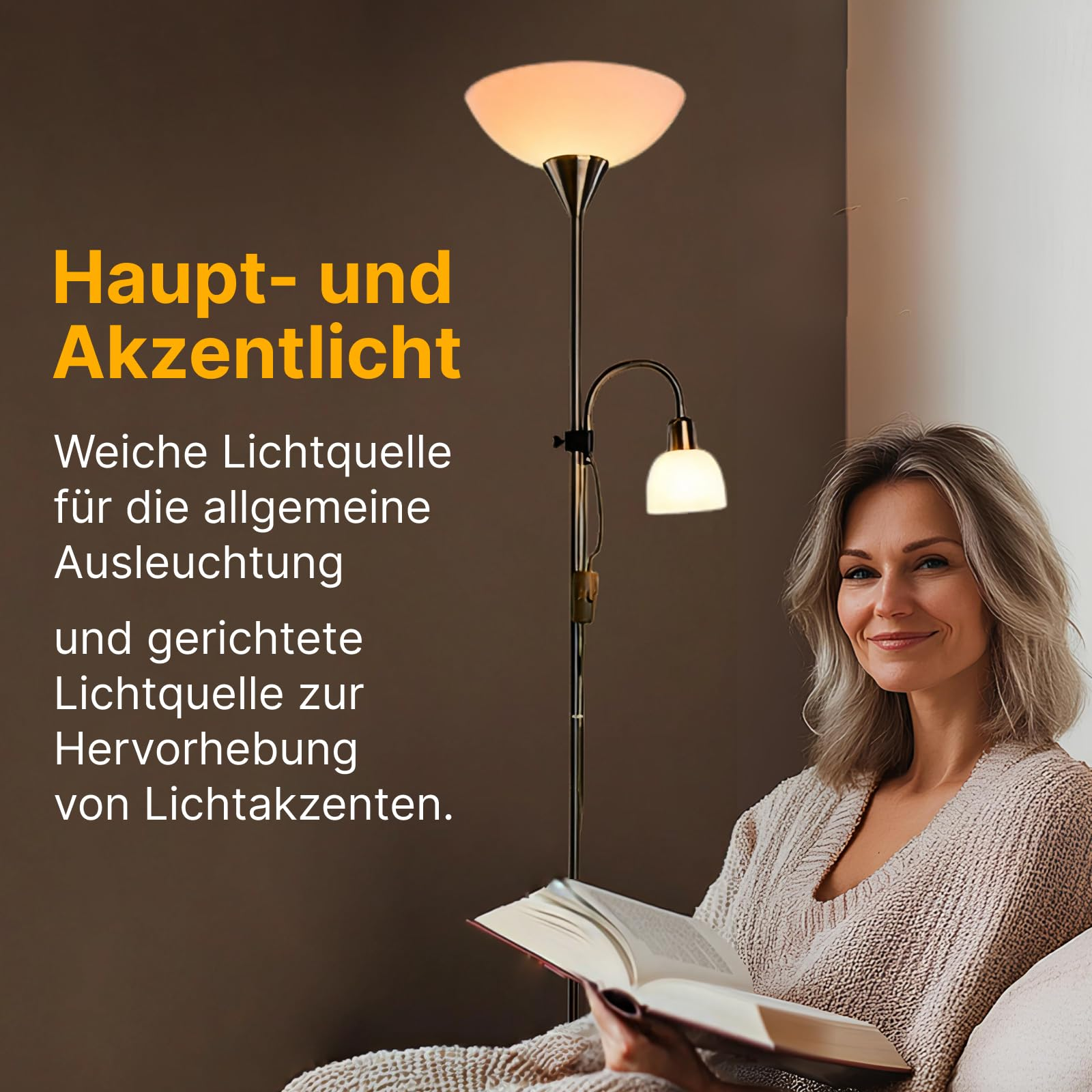 Frau liest Buch unter Stehlampe mit zwei Lichtquellen.