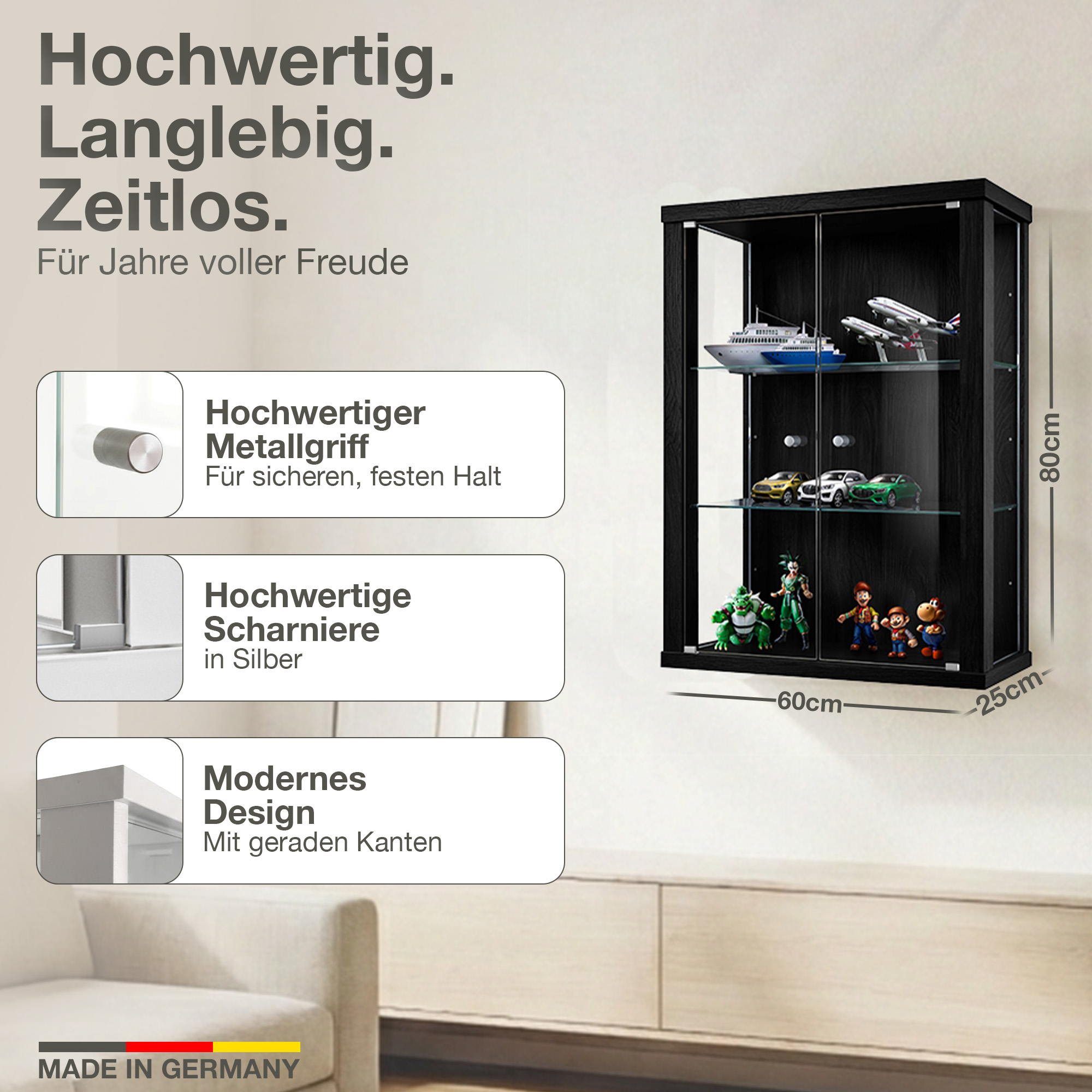 Ein schwarzer Vitrinenschrank mit Glasfronten, gefüllt mit Modellen.