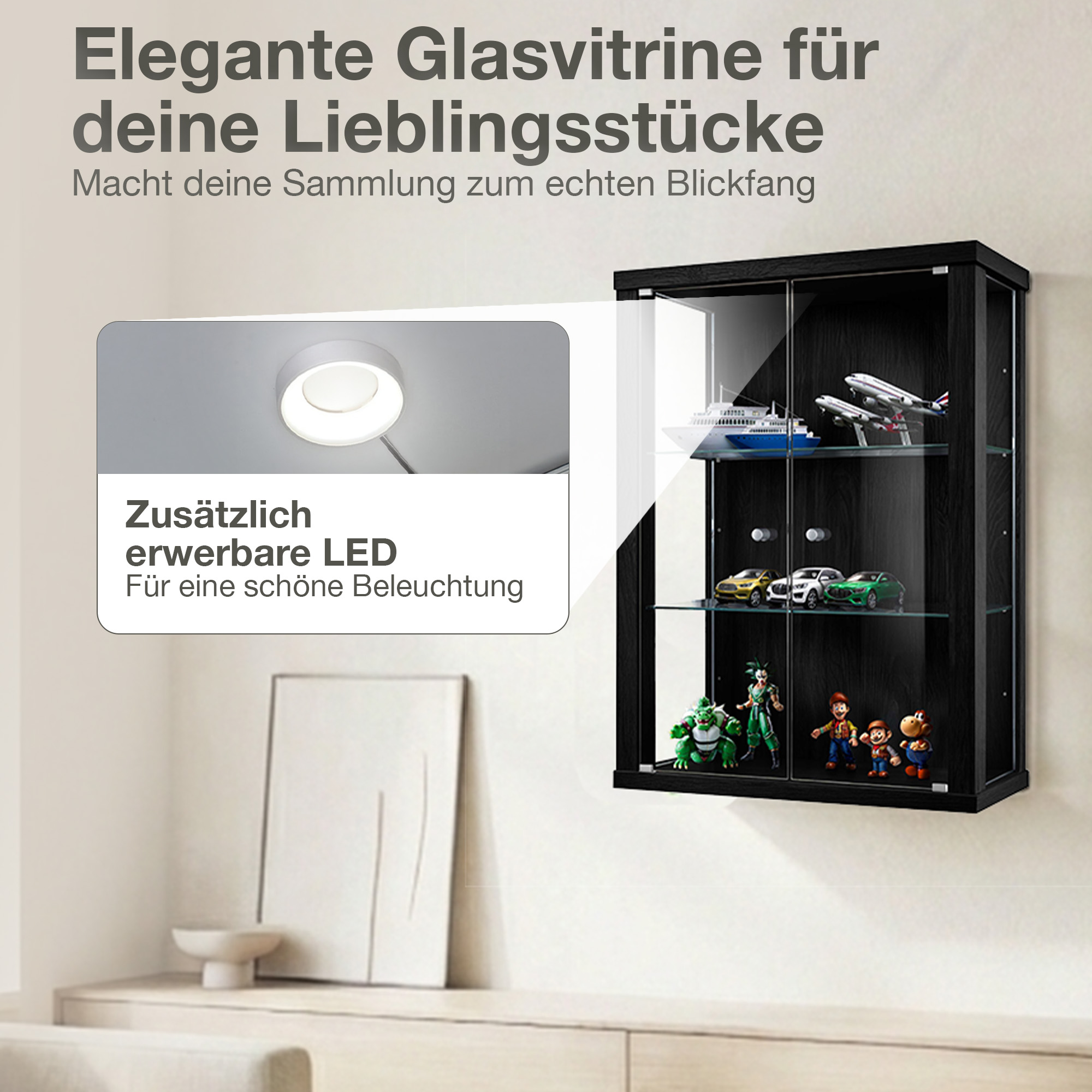 Schwarze Glasvitrine mit Modellen, Figuren und LED-Beleuchtung.
