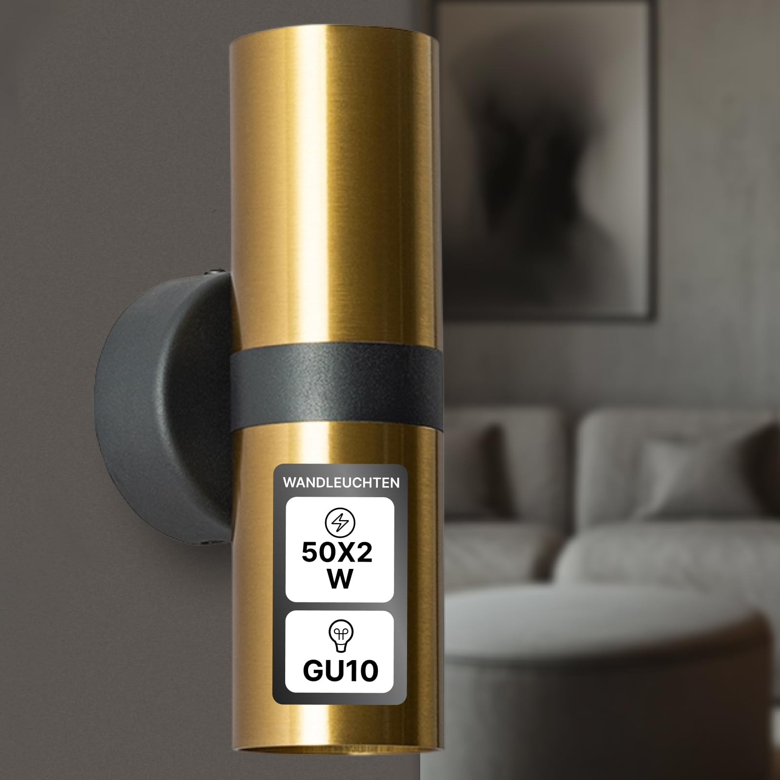 Goldene Wandleuchte mit "50X2 W" und "GU10" Aufschrift.